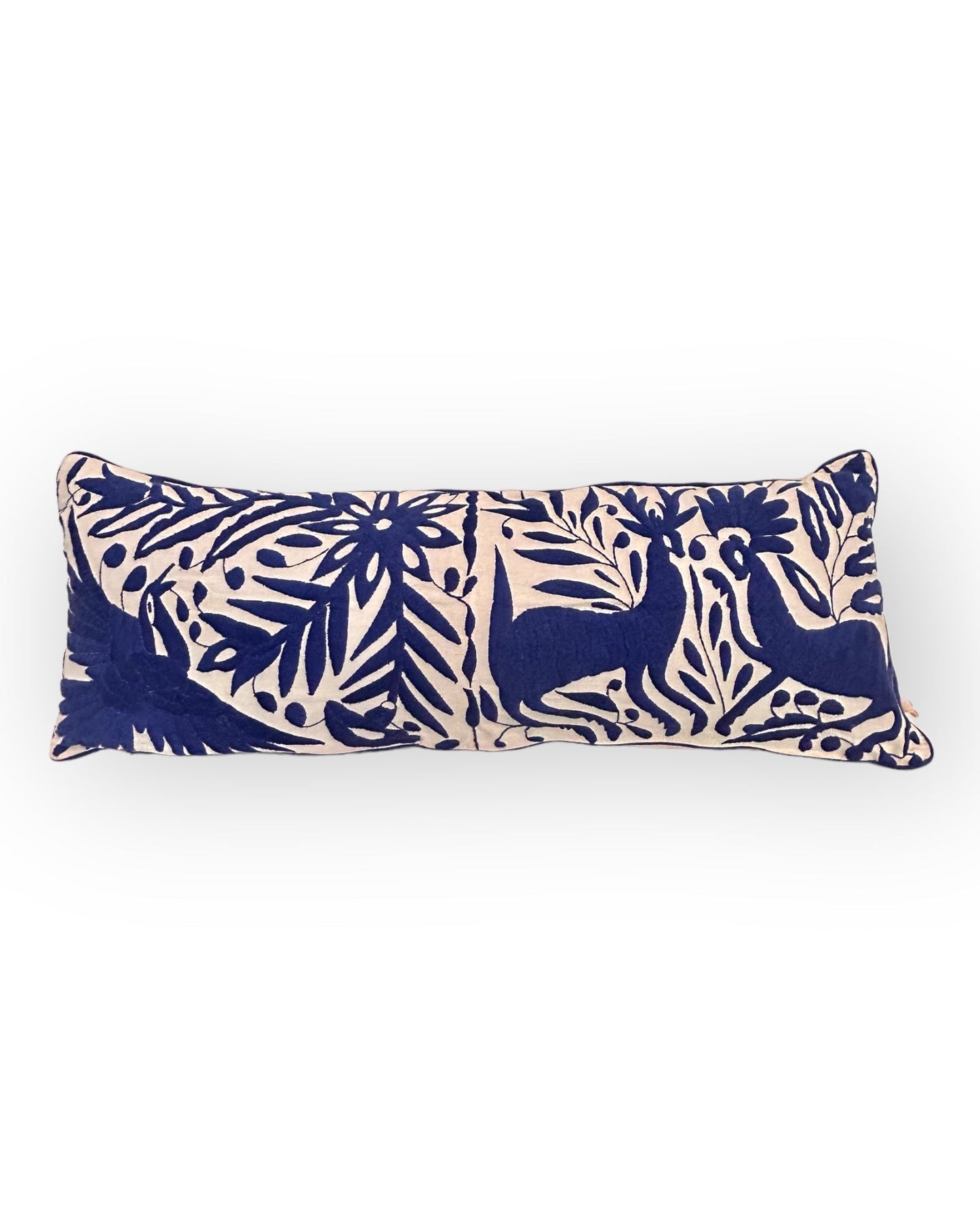 Hand-Embroidered XL Lumbar Pillow Cover – Royal Blue & White 13"x36"