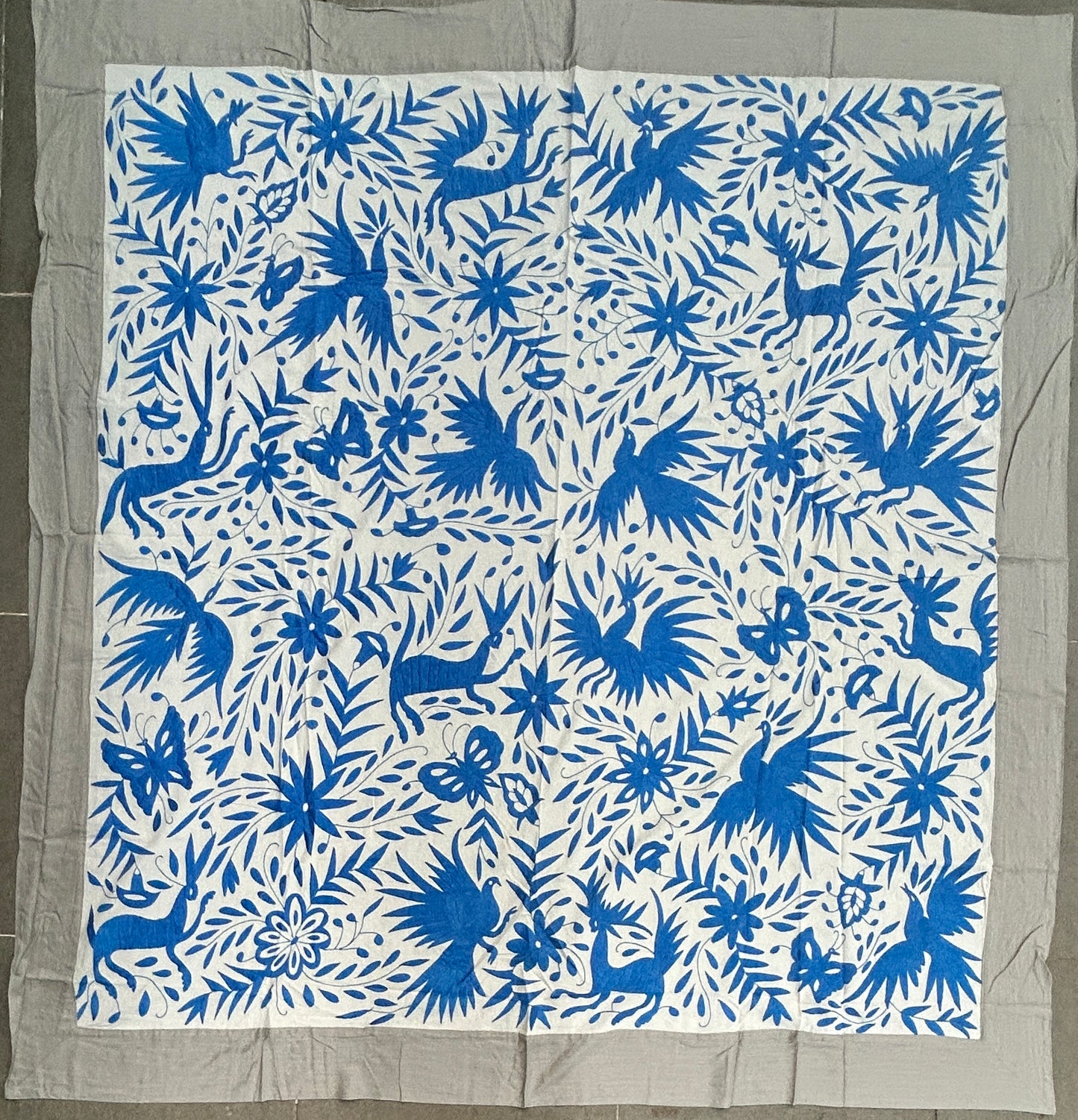 Handmade Mexican Otomi Embroidered Bedding or Tablecloth– Blue & Ivory (84"x85")