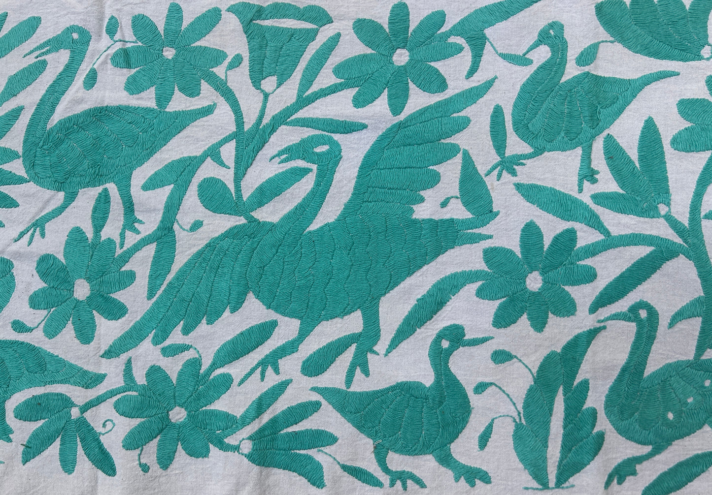 Hand-Embroidered Mexican Runner – Turquoise & Ivory Decor. 18"x74"