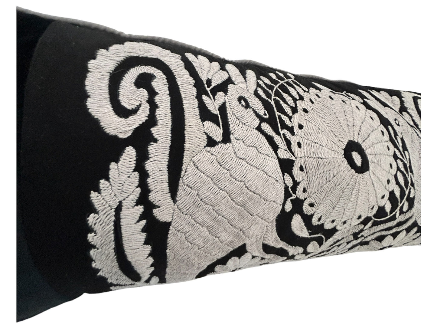 Hand-Embroidered XL Lumbar Pillow Cover - Pipping – Black & Silver 13"x36"