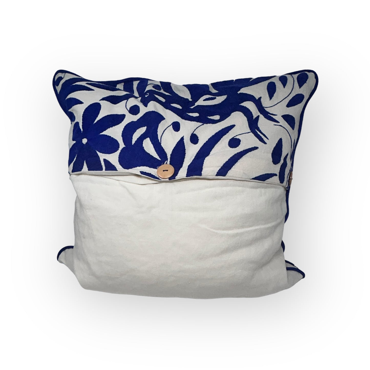 Hand-Embroidered Otomi Pillow Cover – Royal blue & White - Pipping - 22"x22"