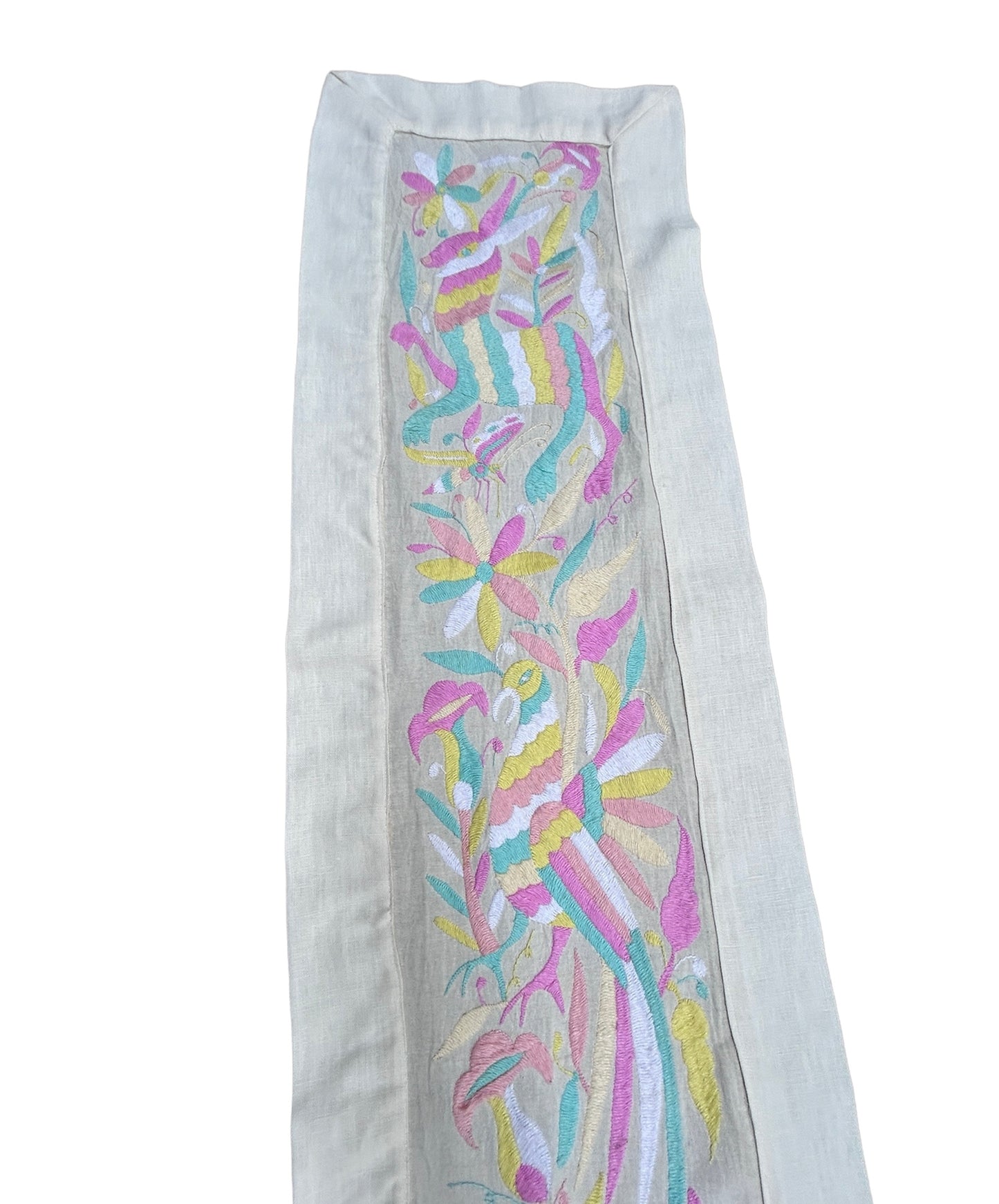 Hand embroidered bed or table runner, Wall art, otomi embroidery, 12.5" x 78" pastel tones