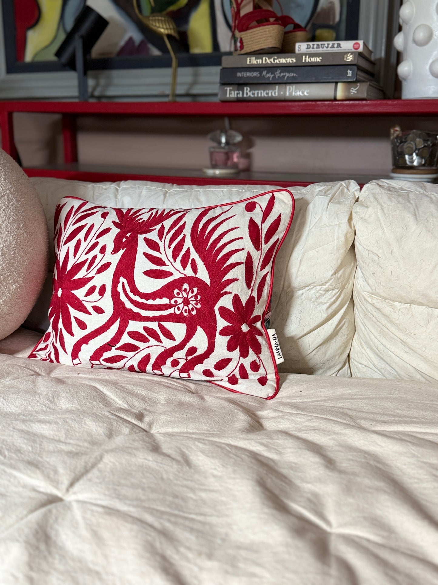 Hand-Embroidered Otomi Pillow Cover – Red & Green 13" x 18"