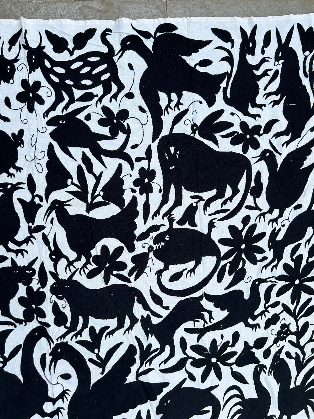 Unique handembroidered wall art. Otomi embroidery Black & Ivory 68" x 76"