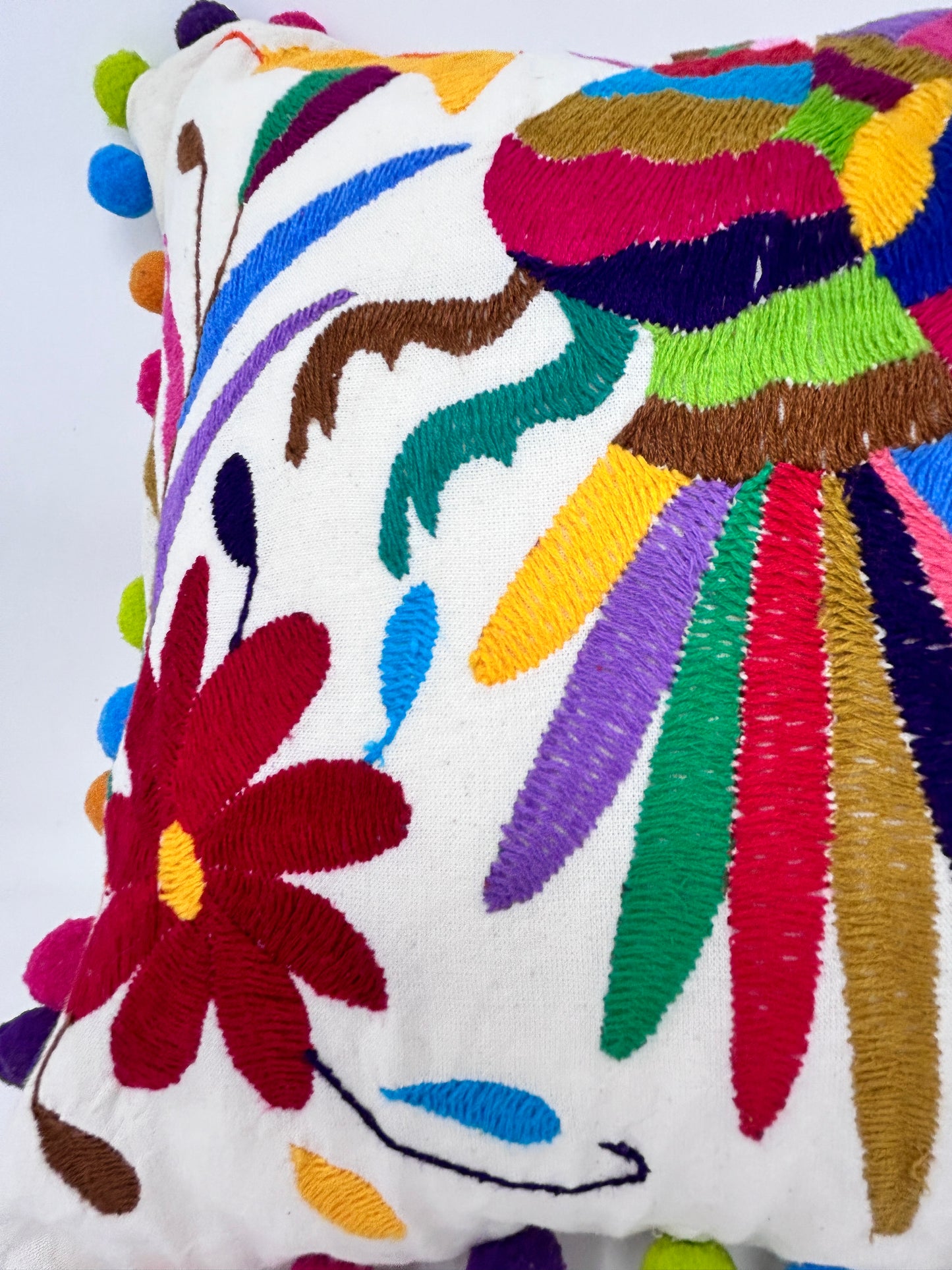 Hand-Embroidered Otomi Pillow Cover - Pompoms – Rainbow & White 13" x 17"
