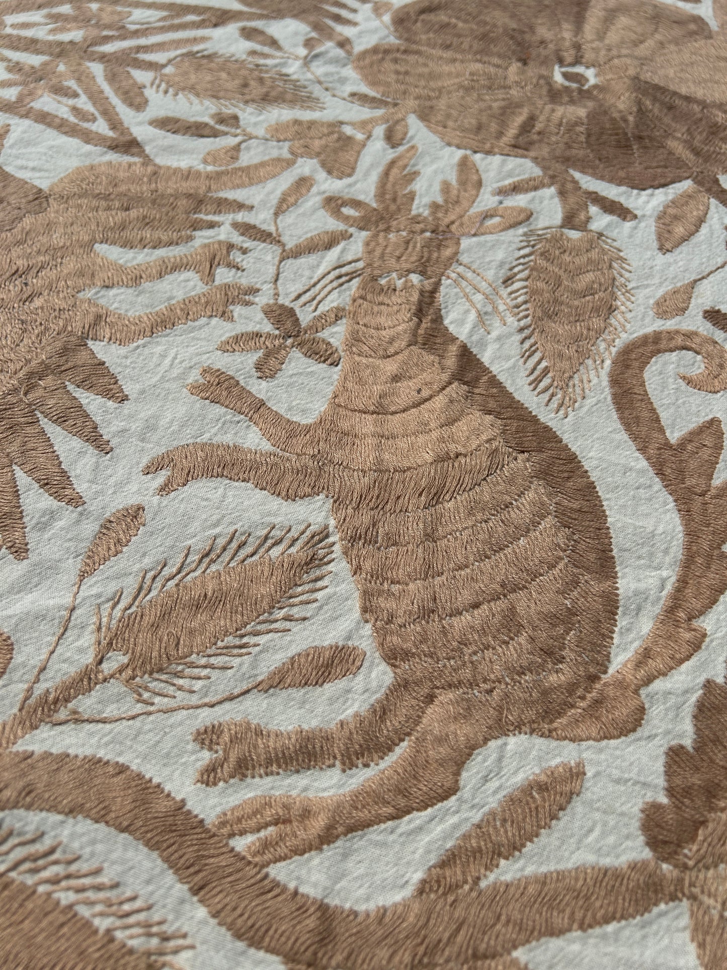 Handmade Mexican Otomi Embroidered Bedding – Tan & Ivory (104"x116")