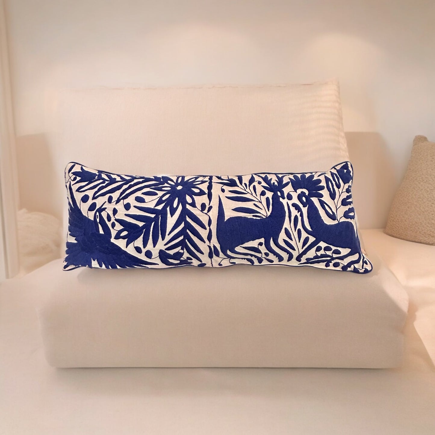 Hand-Embroidered XL Lumbar Pillow Cover – Royal Blue & White 13"x36"