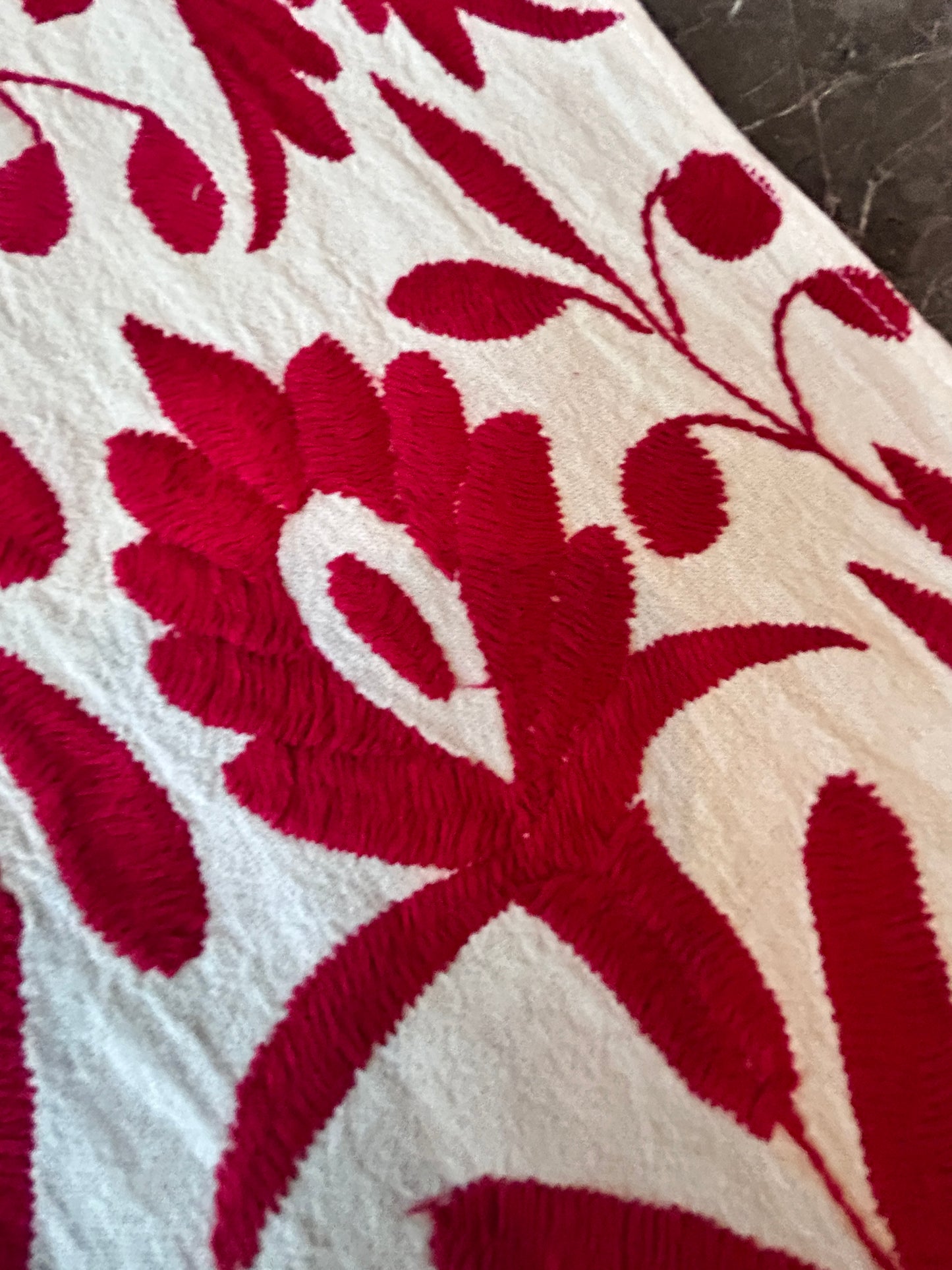 Hand-Embroidered Mexican Runner – Red & Ivory 7.5" X 74" textile tapestry