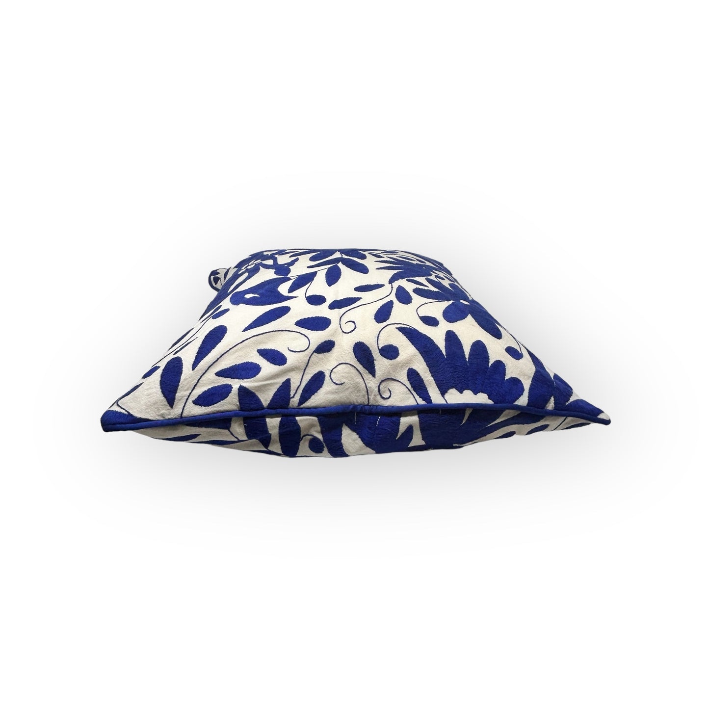 Hand-Embroidered Otomi Pillow Cover – Royal blue & White - Pipping - 22"x22"