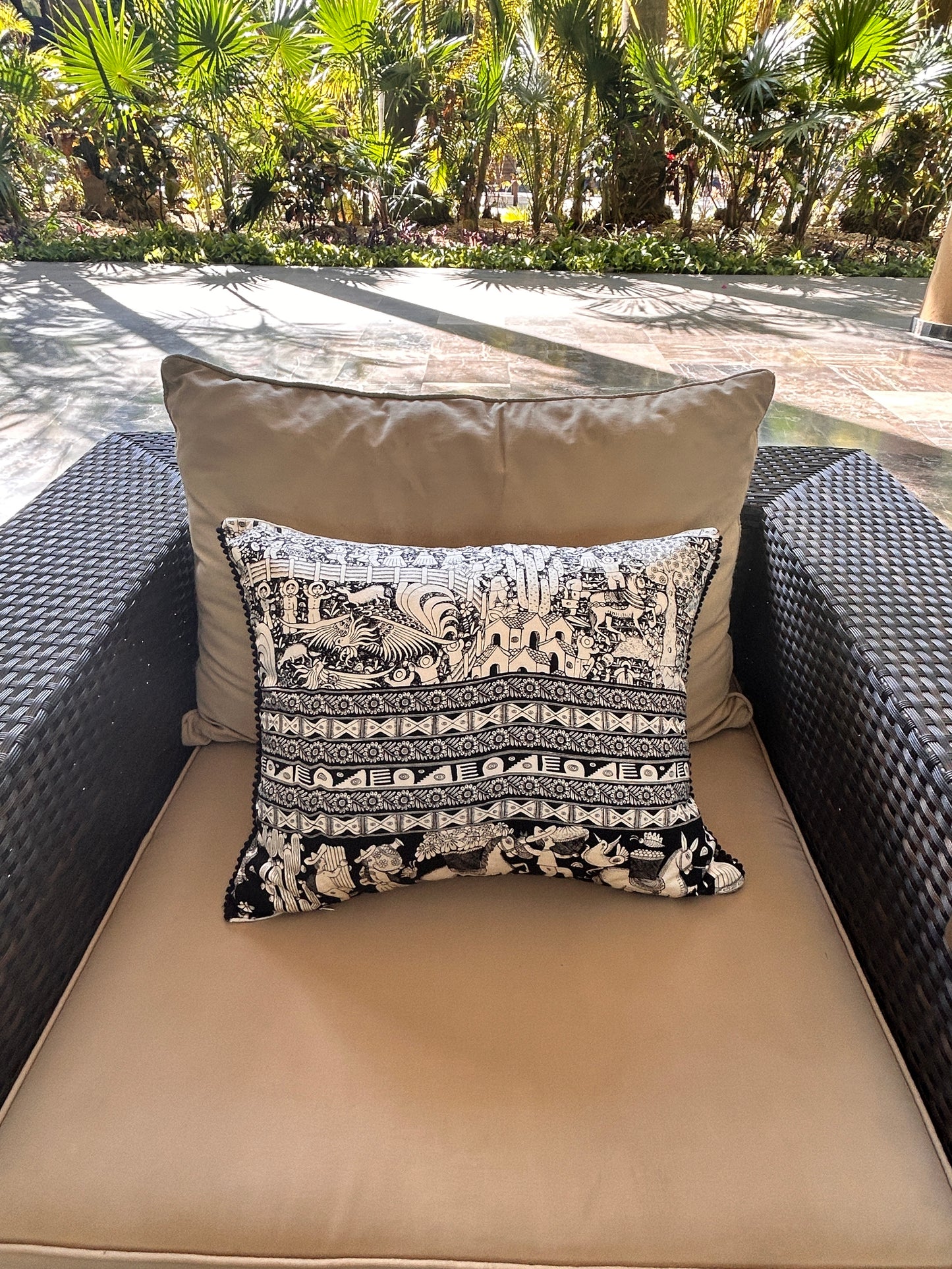 Silk Print Pillow Cover with Pompoms – Black & White 16.5"x20.5"