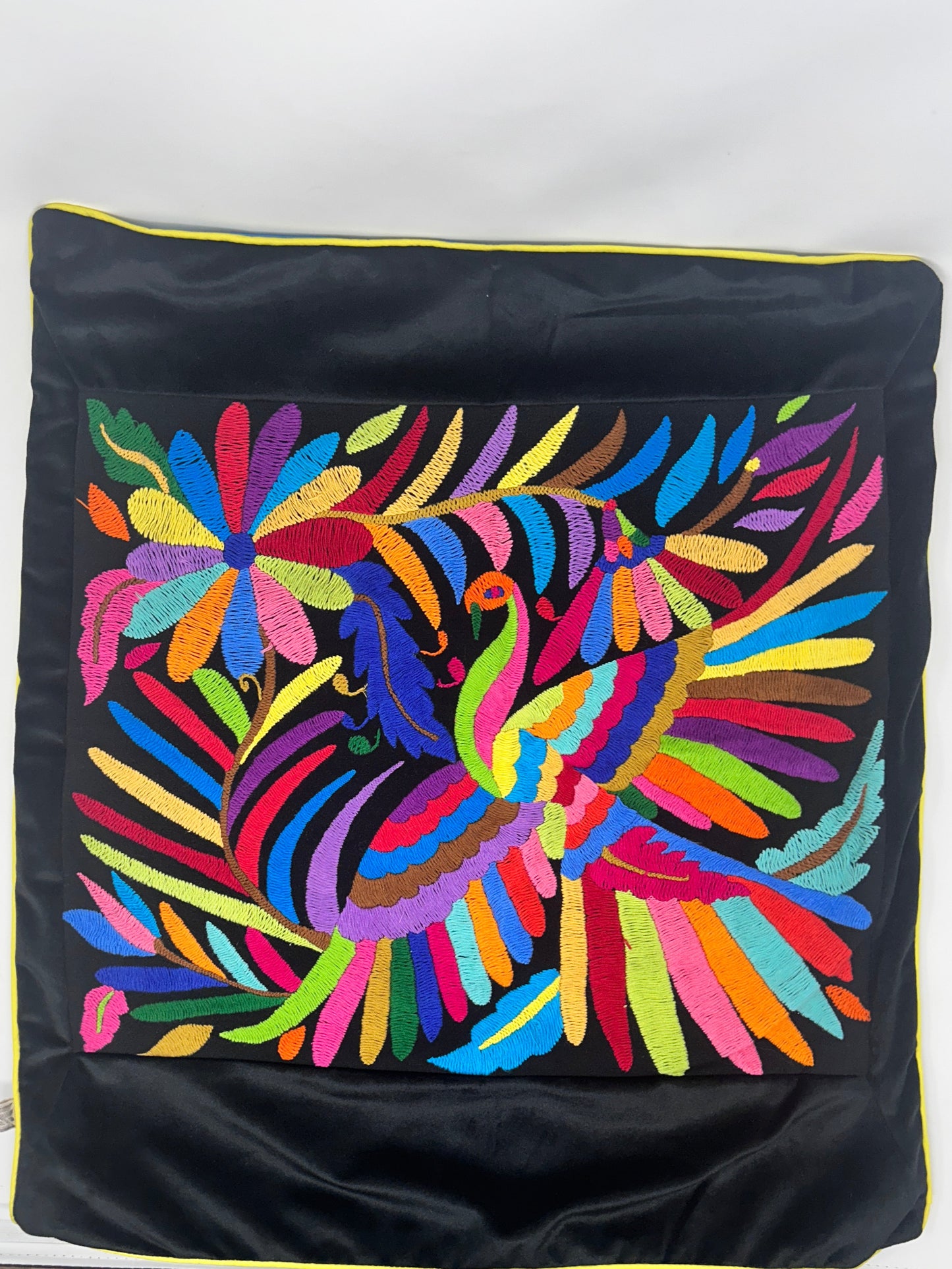 Hand-Embroidered Otomi Pillow Cover – Rainbow & Black - Pipping - 23"x23"