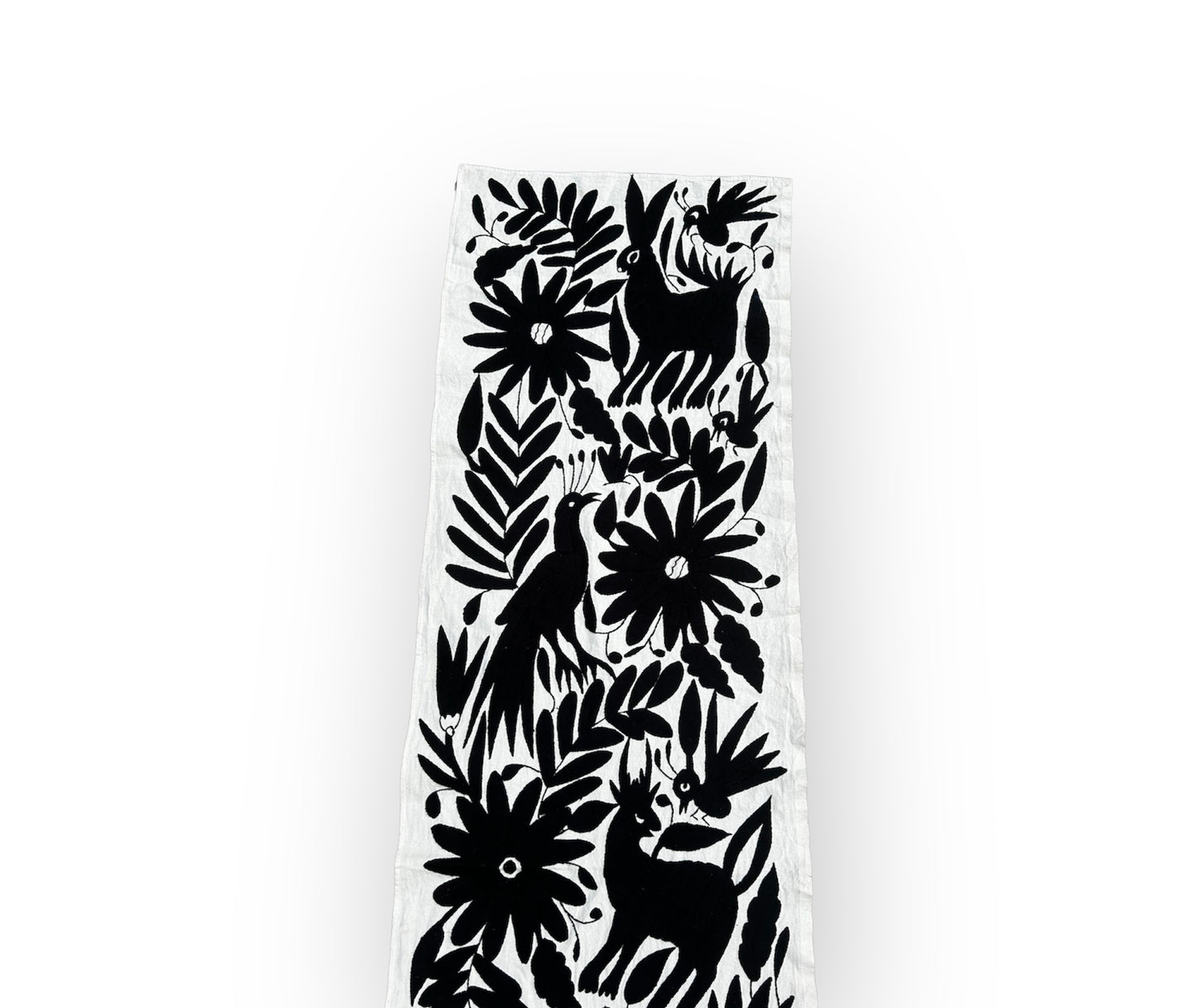 Hand-Embroidered Mexican Runner – Black & Ivory Decor. 18"x74"