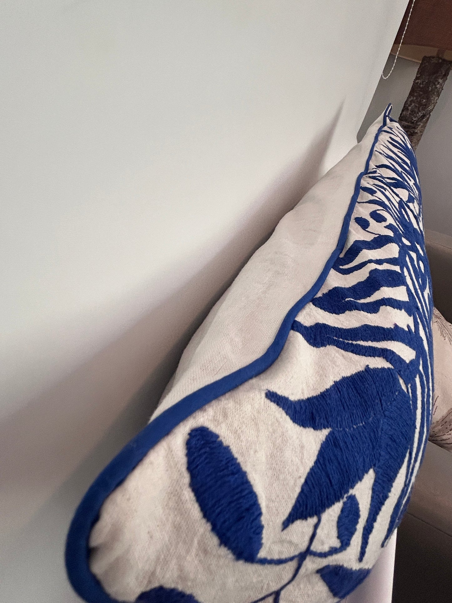 Hand-Embroidered XL Lumbar Pillow Cover – Royal Blue & White 13"x36"