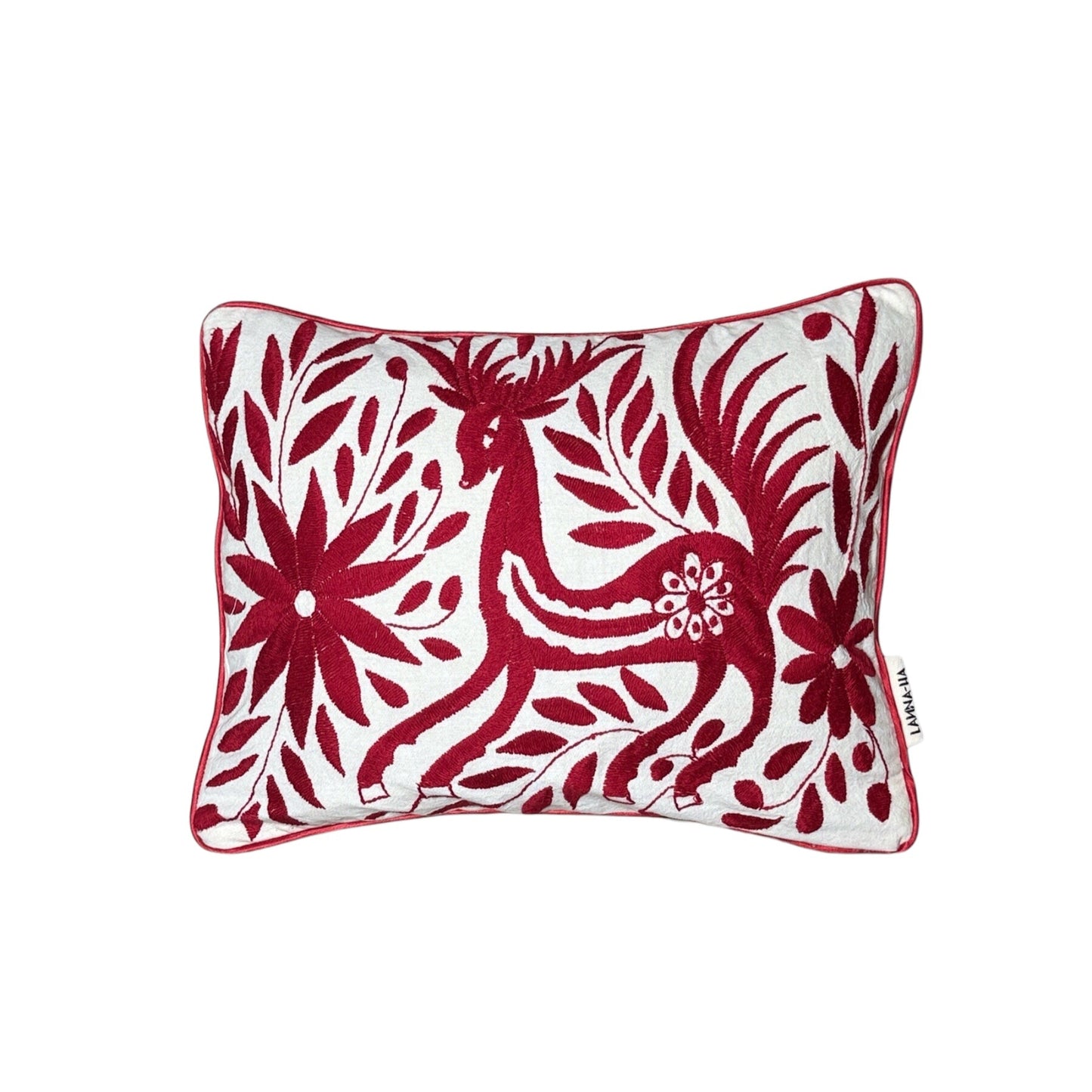 Hand-Embroidered Otomi Pillow Cover – Red & Green 13" x 18"