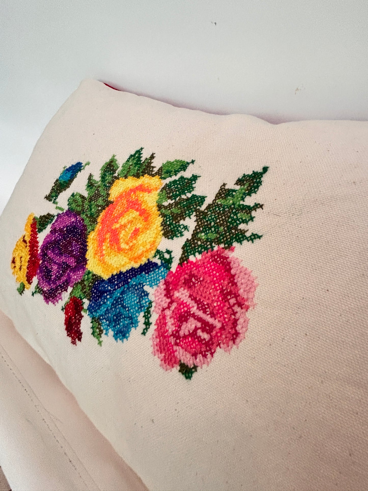Floral Cross-Stitch Pillow Cover – Ivory & Red Velvet 9.5" x 12"