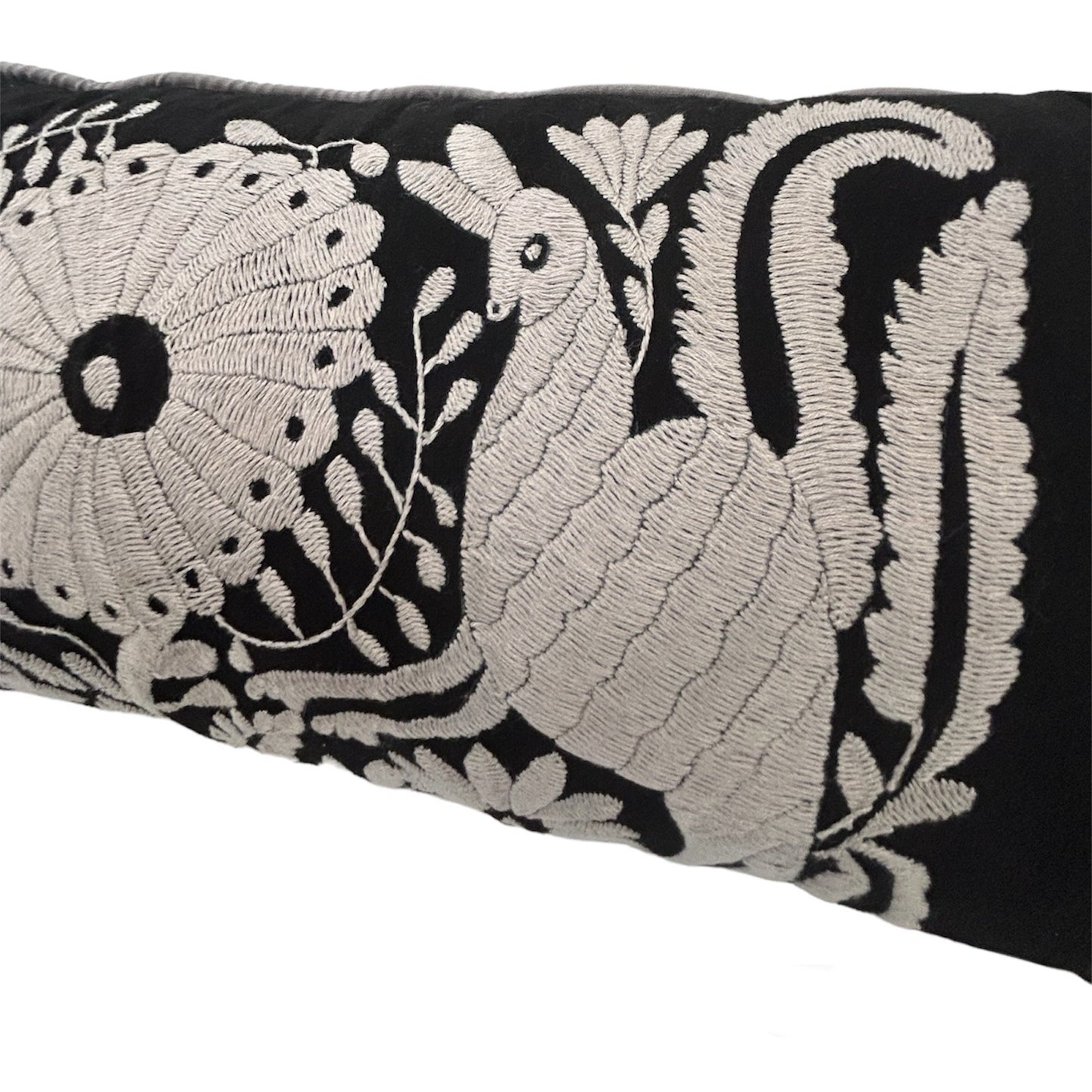 Hand-Embroidered XL Lumbar Pillow Cover - Pipping – Black & Silver 13"x36"