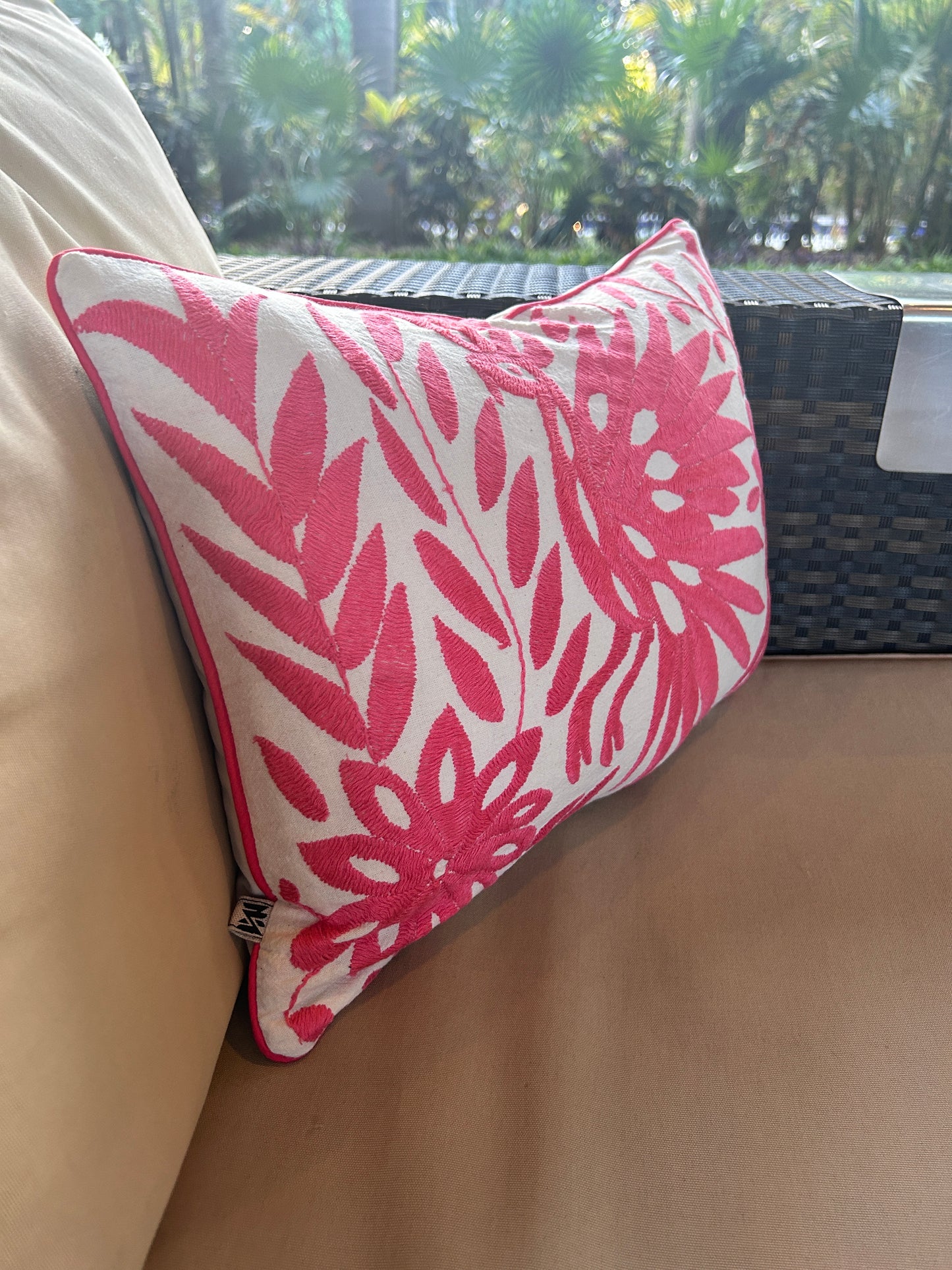 Hand-Embroidered Otomi Pillow Cover – Hot Pink & White 13" x 17"
