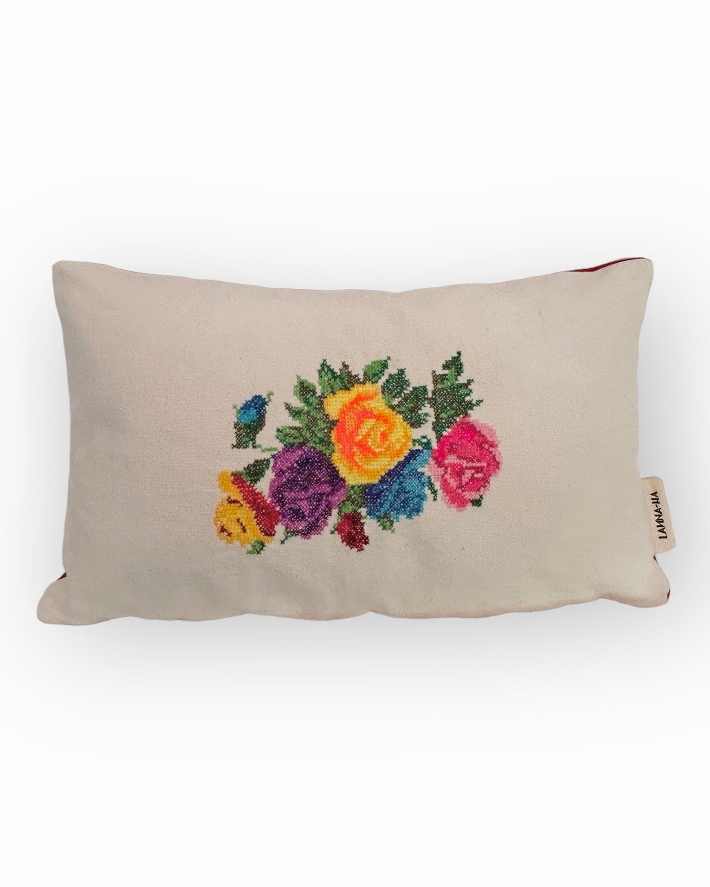 Floral Cross-Stitch Pillow Cover – Ivory & Red Velvet 9.5" x 12"
