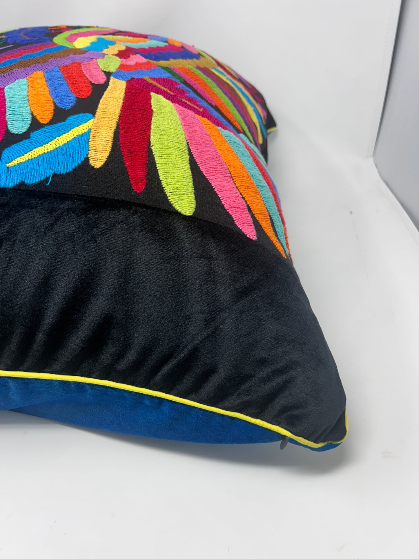 Hand-Embroidered Otomi Pillow Cover – Rainbow & Black - Pipping - 23"x23"