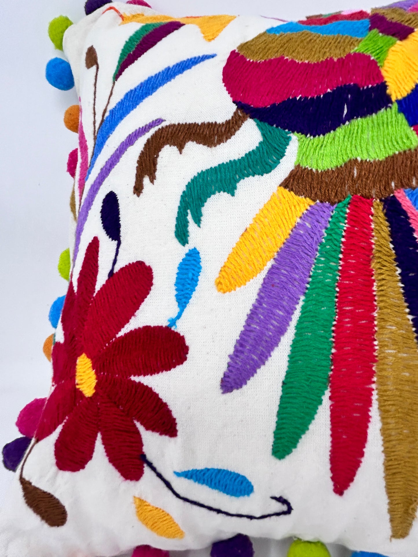 Hand-Embroidered Otomi Pillow Cover - Pompoms – Rainbow & White 13" x 17"