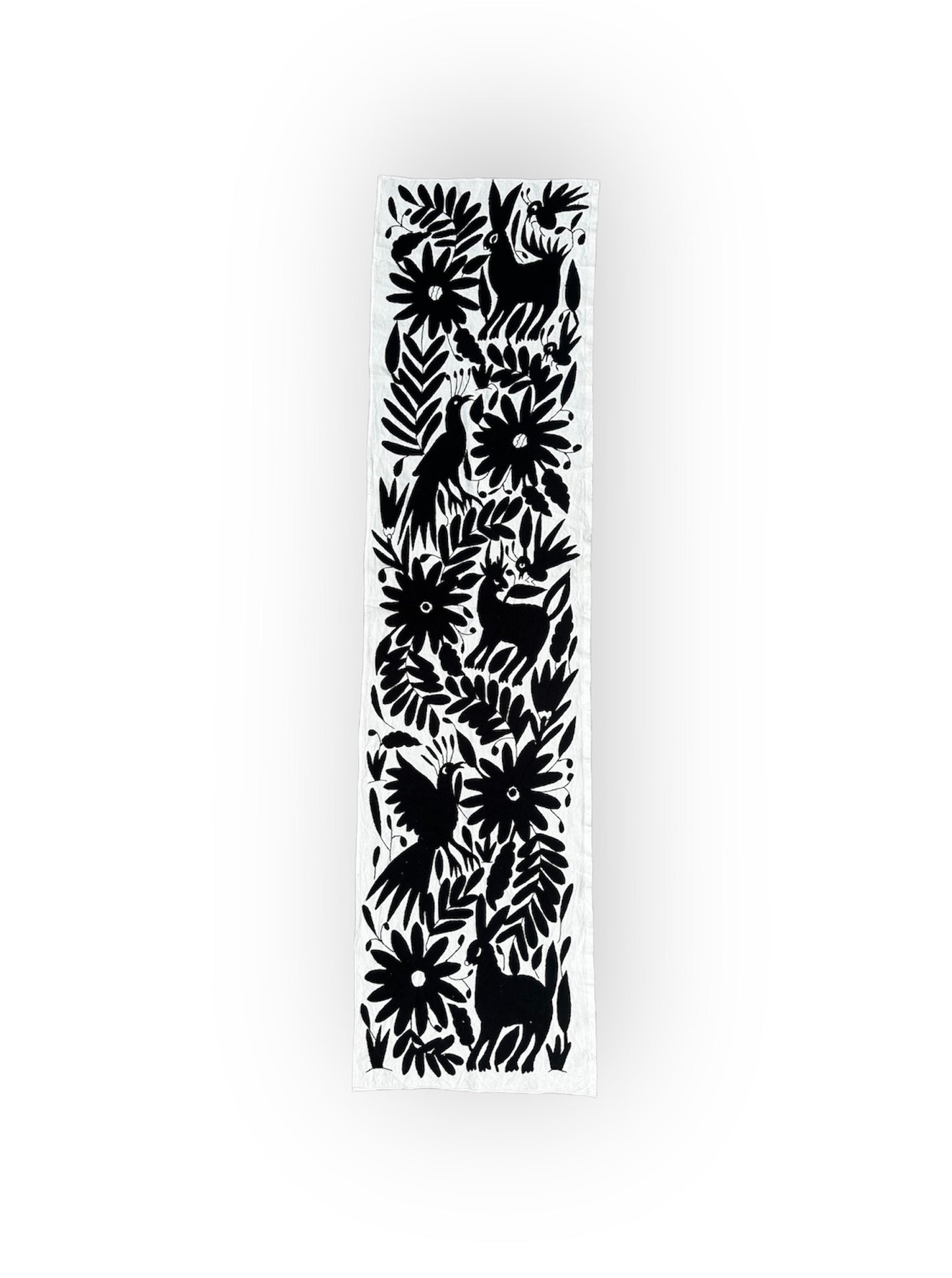 Hand-Embroidered Mexican Runner – Black & Ivory Decor. 18"x74"
