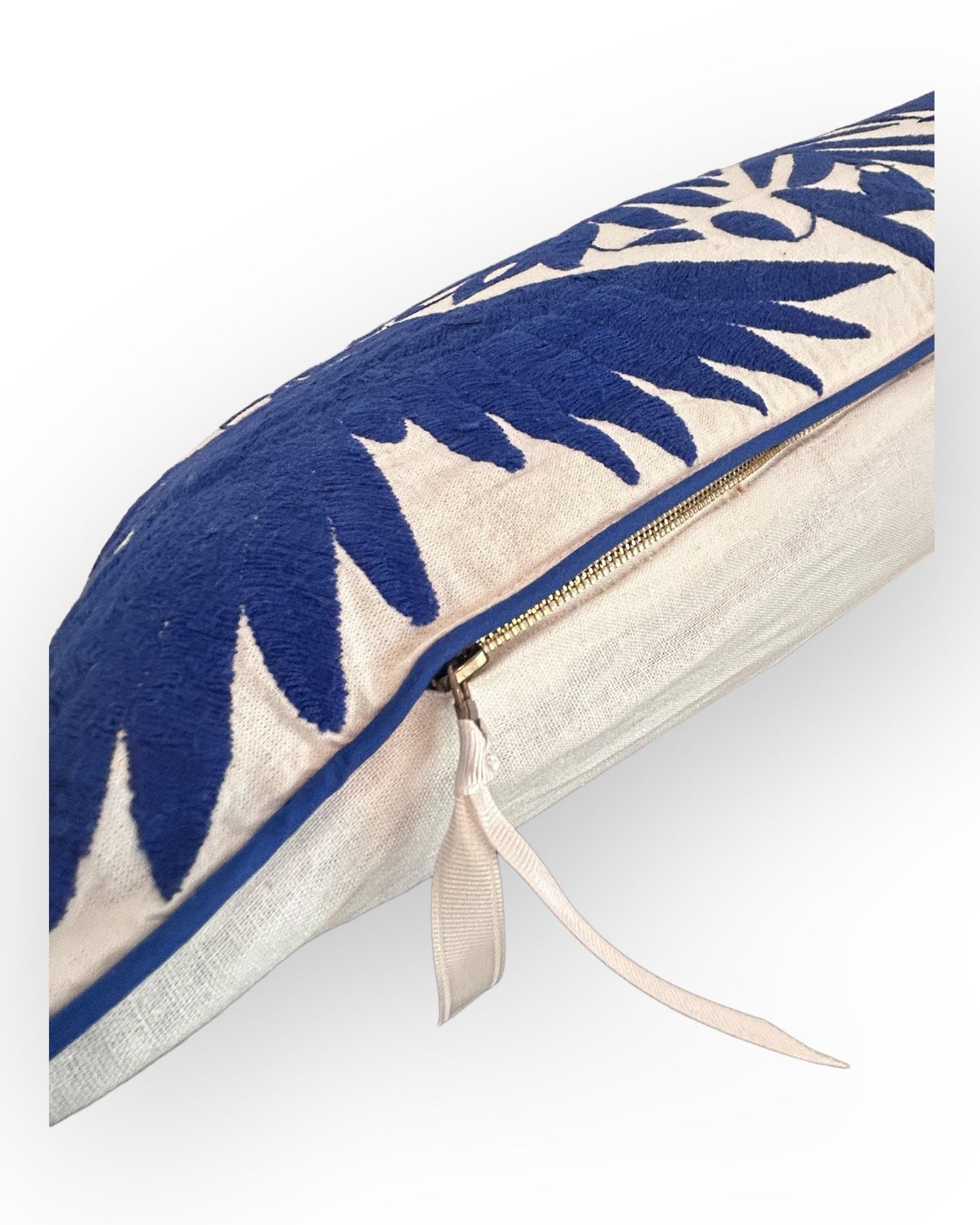 Hand-Embroidered XL Lumbar Pillow Cover – Royal Blue & White 13"x36"