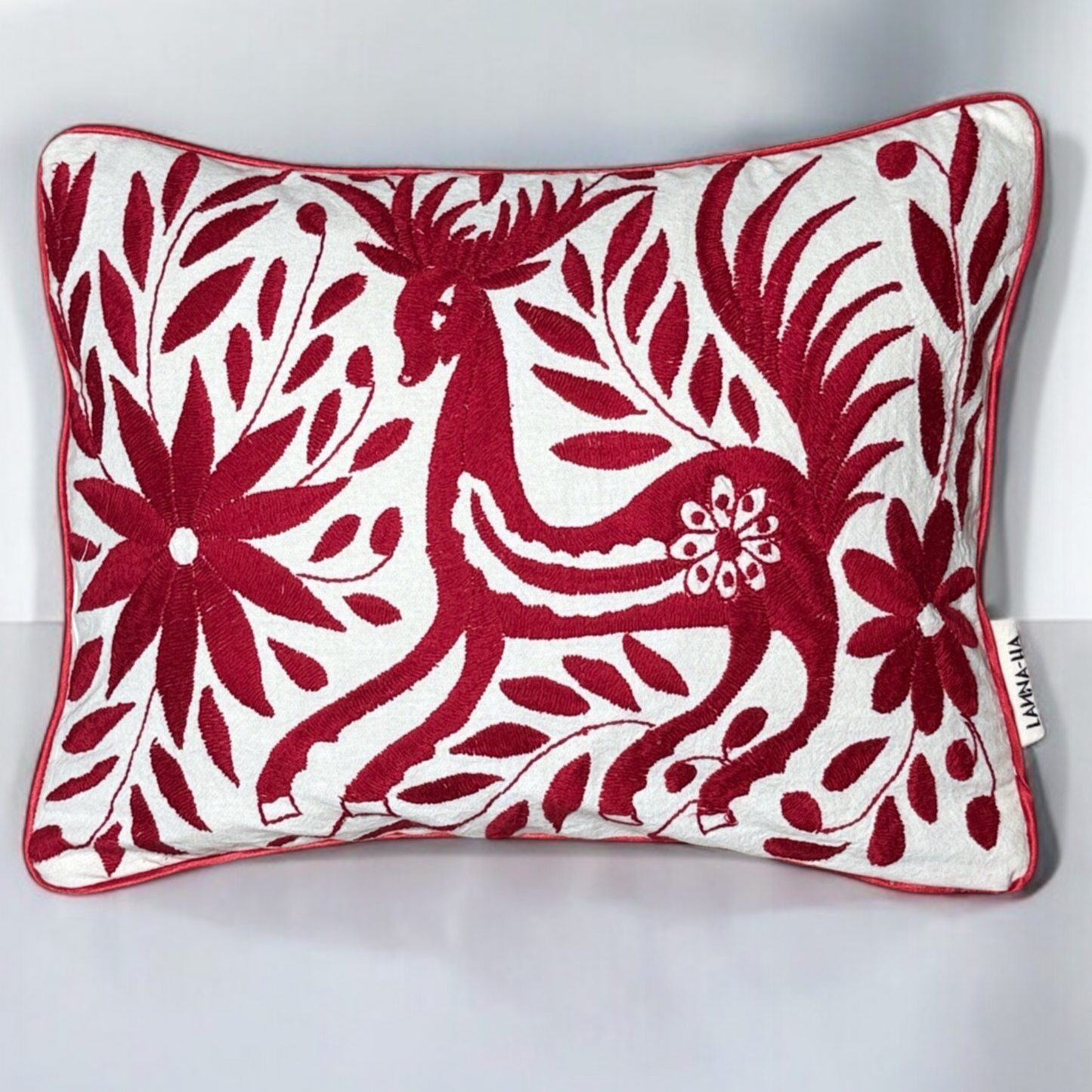 Hand-Embroidered Otomi Pillow Cover – Red & Green 13" x 18"