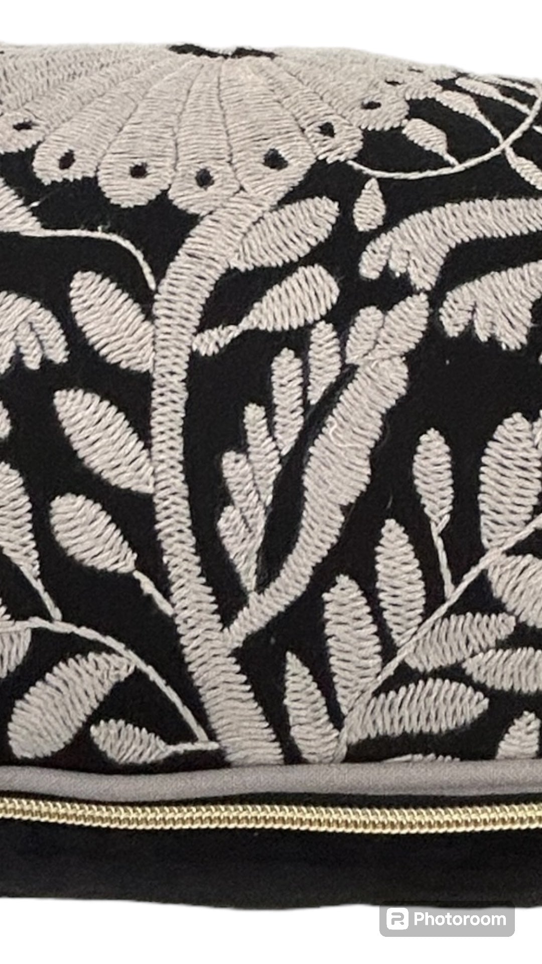 Hand-Embroidered XL Lumbar Pillow Cover - Pipping – Black & Silver 13"x36"
