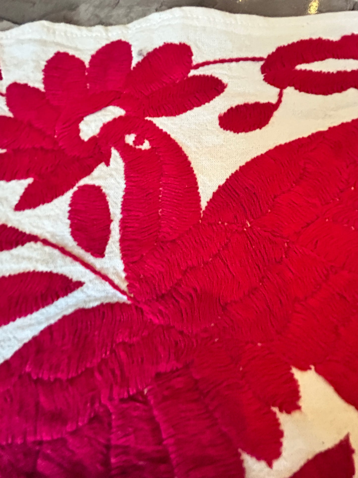 Hand-Embroidered Mexican Runner – Red & Ivory 7.5" X 74" textile tapestry