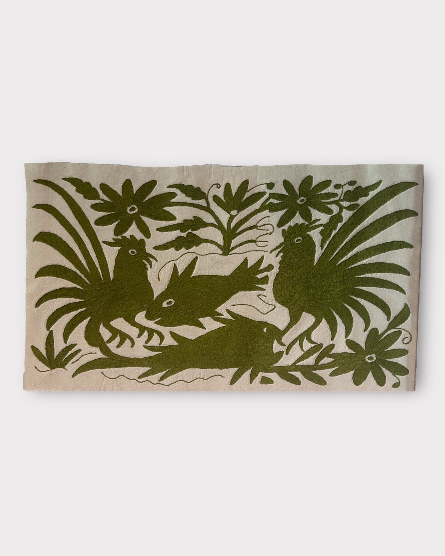 Hand-Embroidered XL Lumbar Pillow Cover – Olive green & White 14” x26.5"