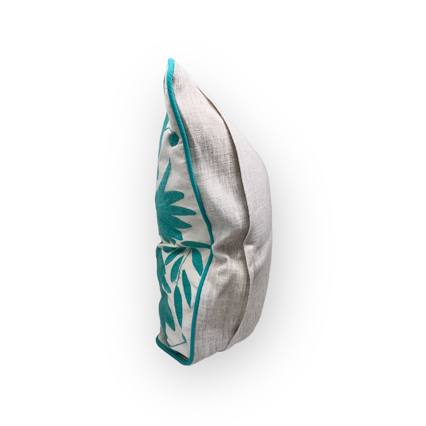 Hand-Embroidered Otomi Pillow Cover – Turquoise & White - Pipping - 23"x23"