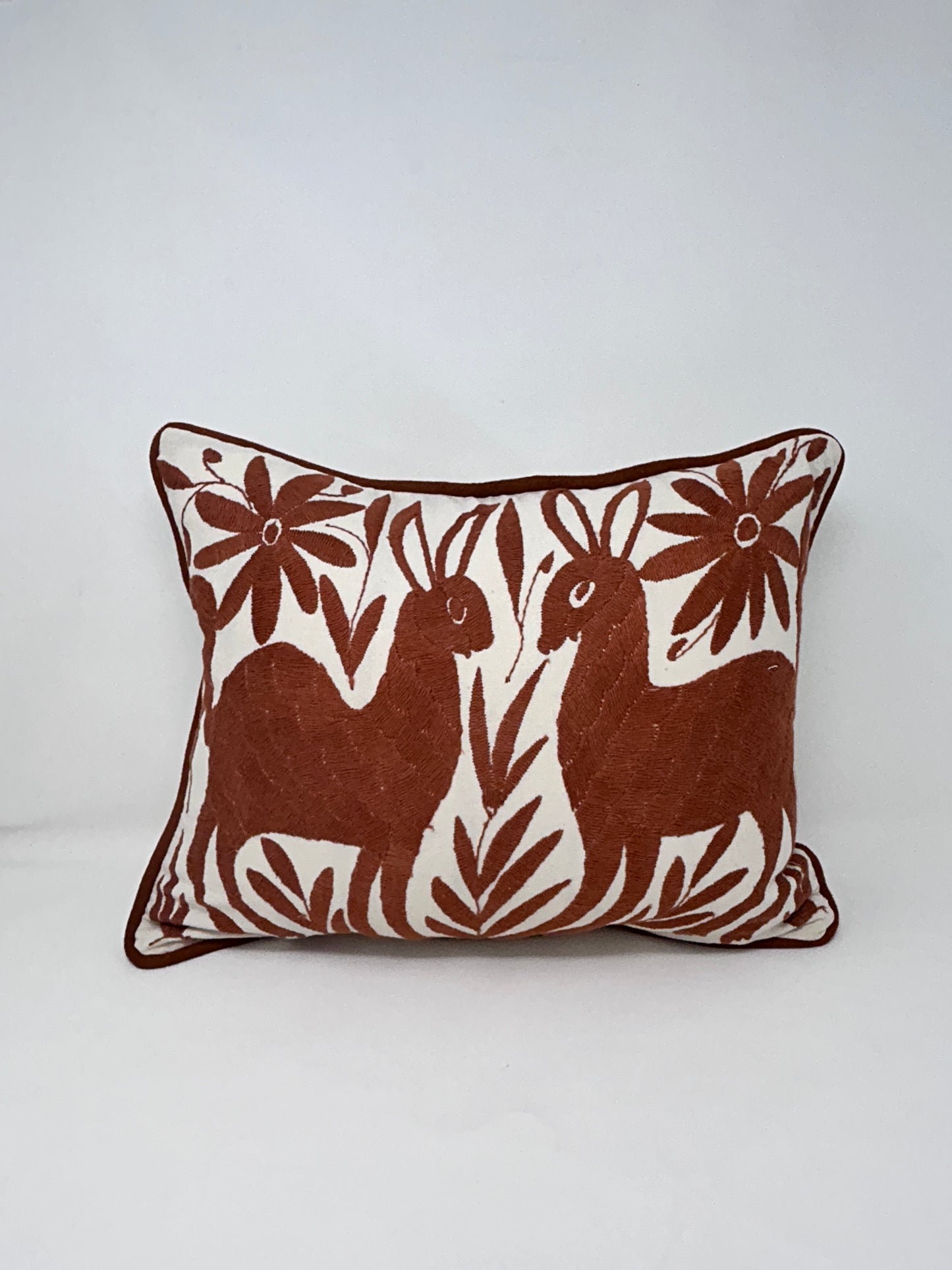 Hand-Embroidered Otomi Pillow Cover – Brown & White 13" x 17"