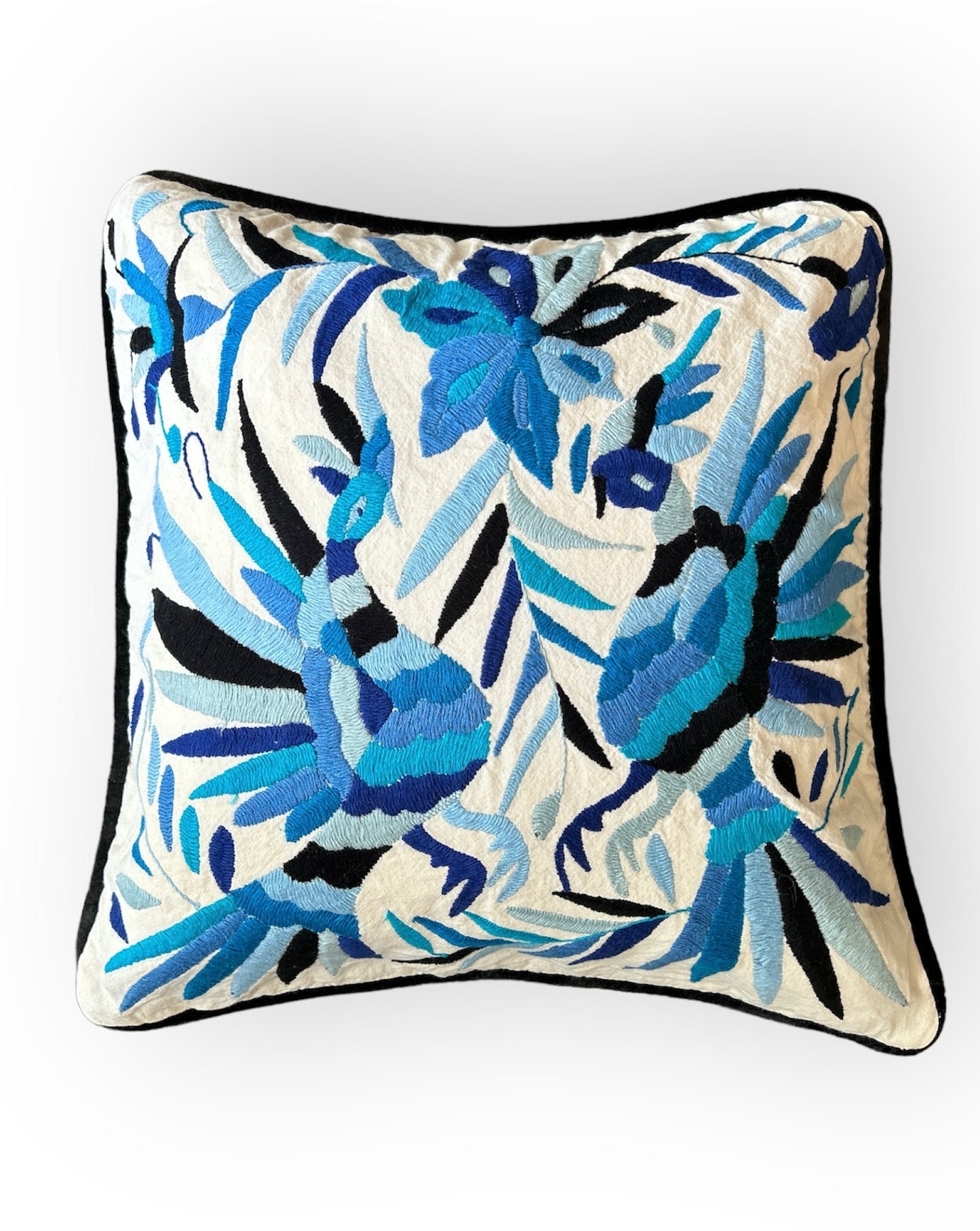 Hand embroidered Otomi pillow cover, Tones of blues and white, 18” x 18"