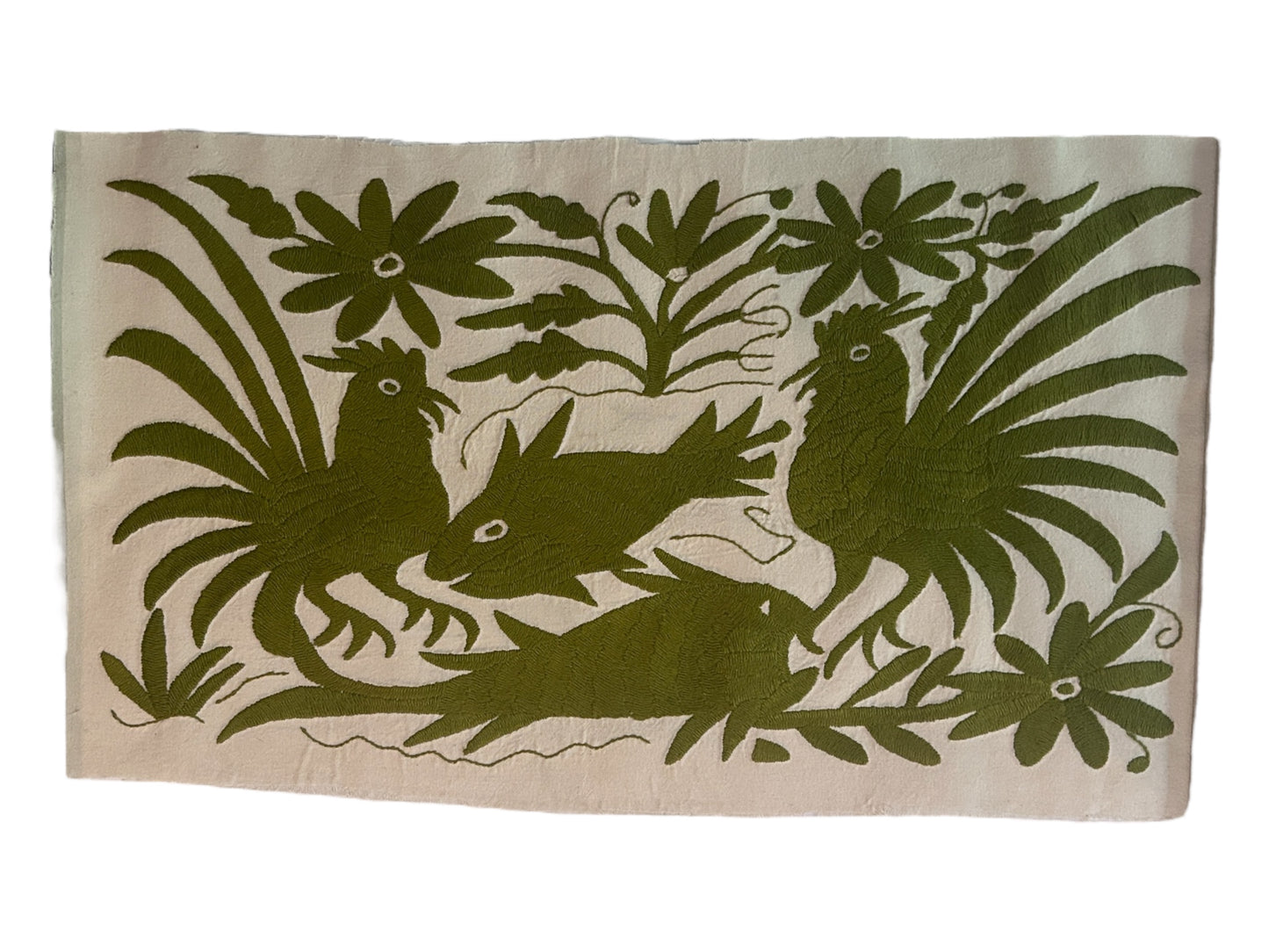 Hand-Embroidered XL Lumbar Pillow Cover – Olive green & White 14” x26.5"