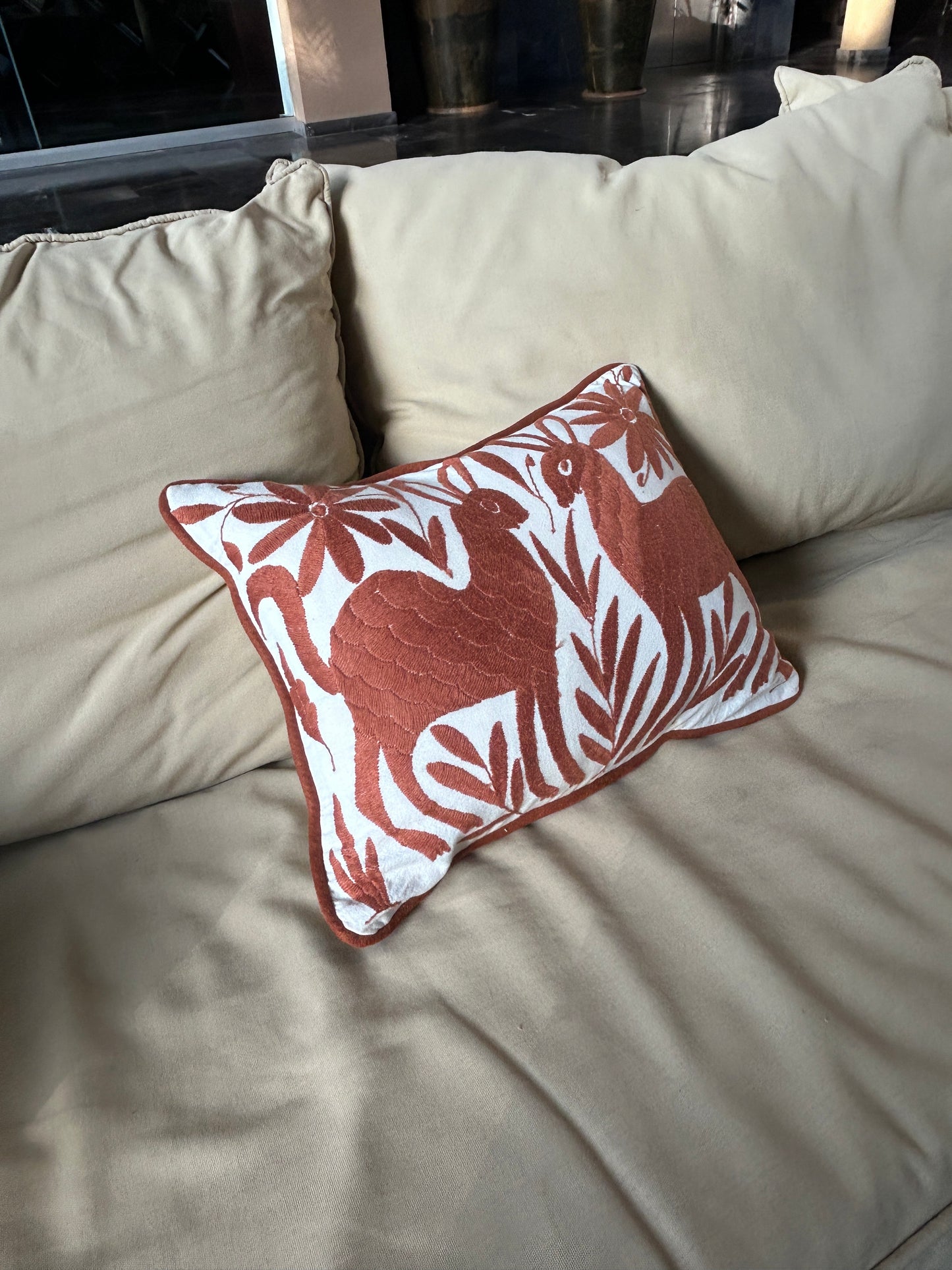 Hand-Embroidered Otomi Pillow Cover – Brown & White 13" x 17"