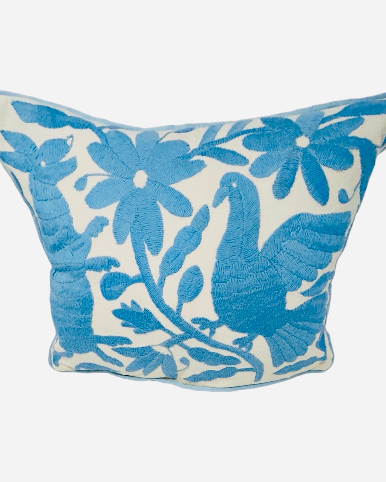 Hand-Embroidered Lumbar Pillow Cover – Light Blue & White (13x17")