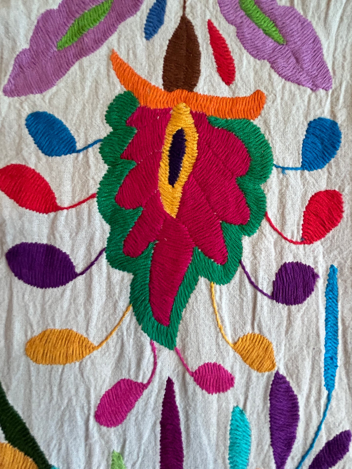 Hand-Embroidered Mexican Runner – Rainbow & Ivory 7.5" X 74" textile tapestry