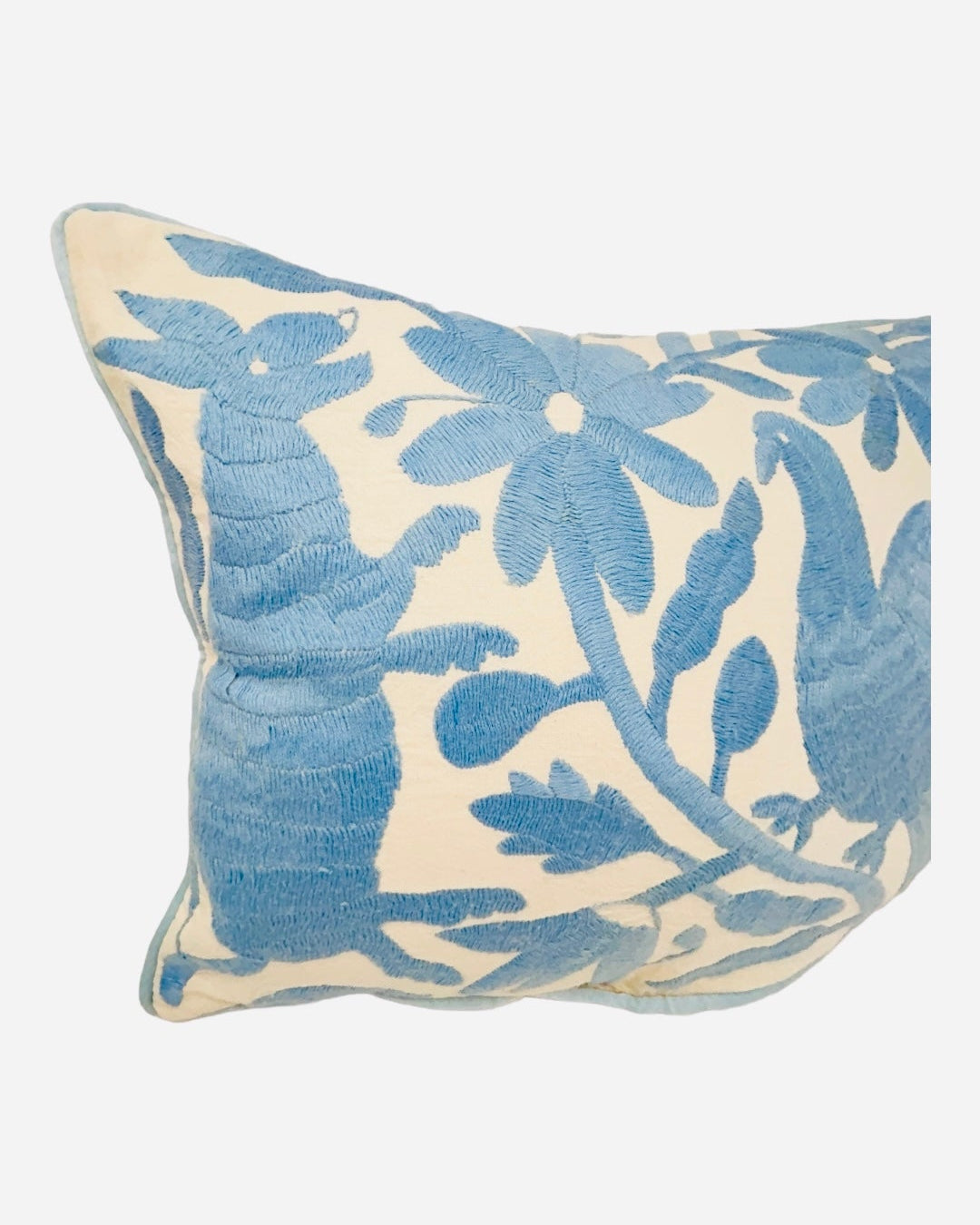 Hand-Embroidered Lumbar Pillow Cover – Light Blue & White (13x17")