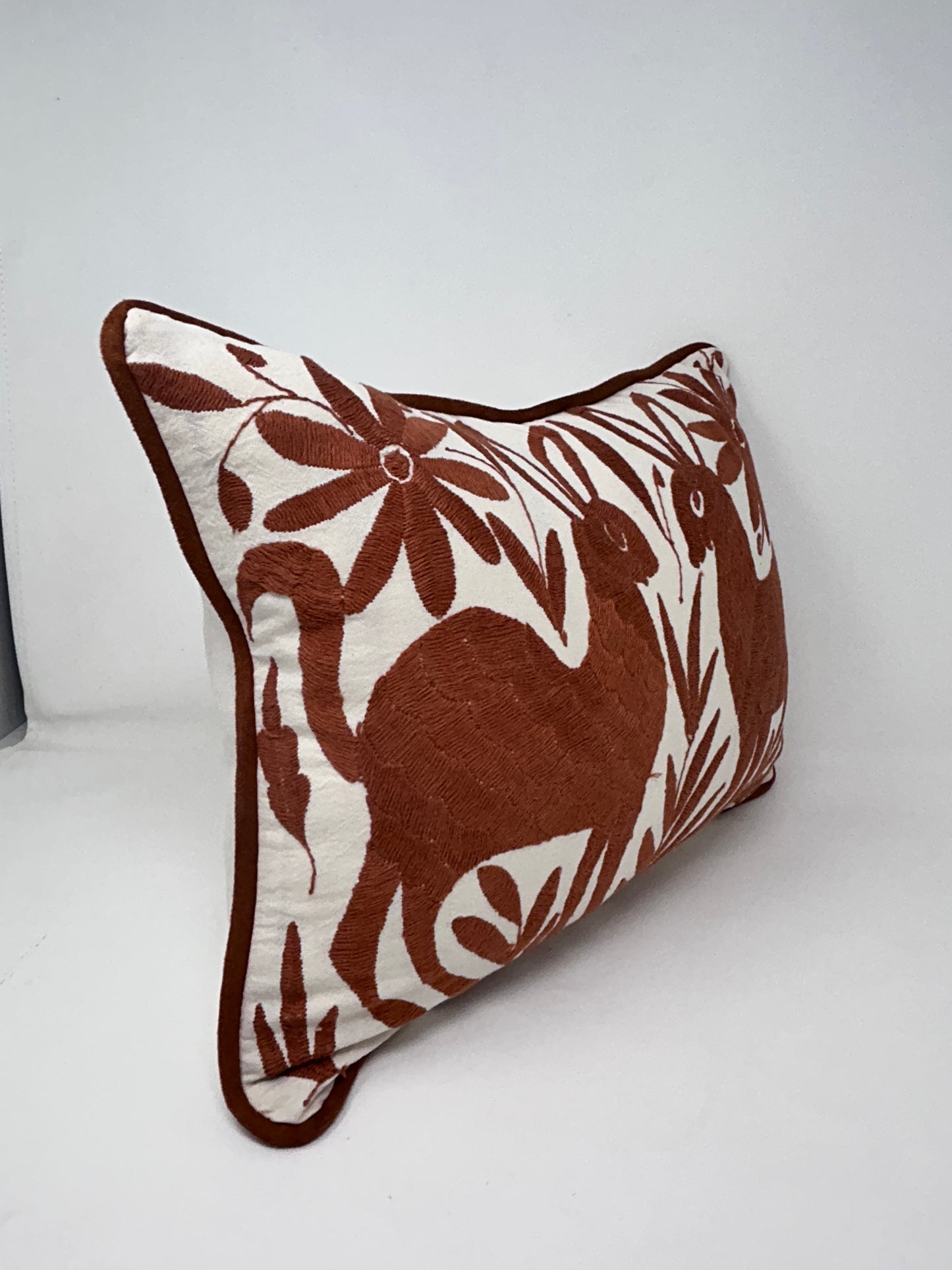 Hand-Embroidered Otomi Pillow Cover – Brown & White 13" x 17"