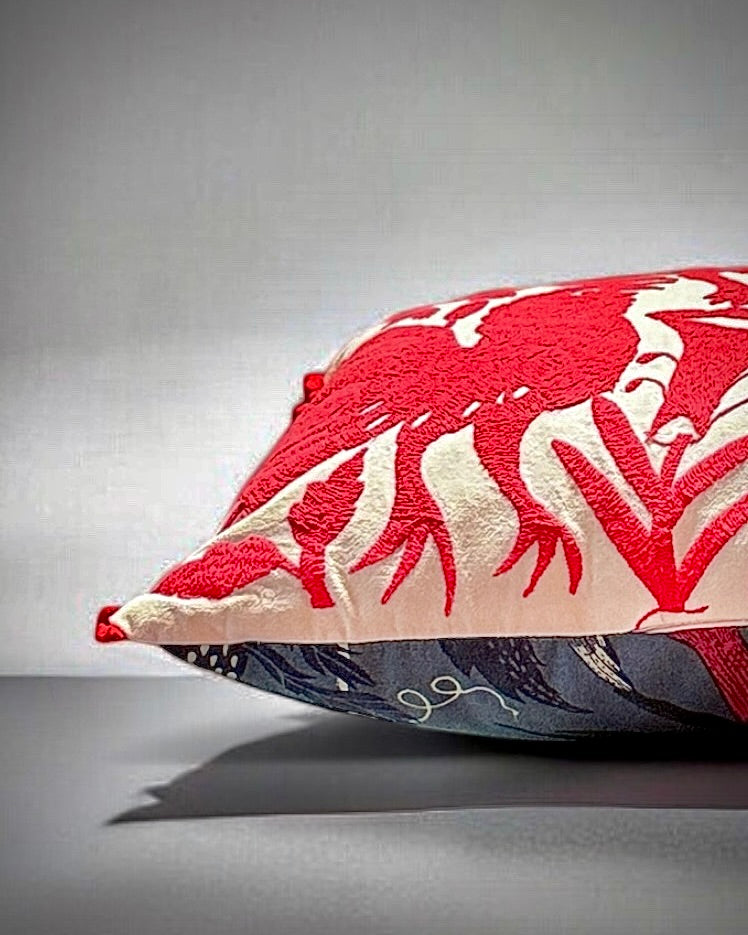 Hand-Embroidered Otomi Pillow Cover – Red & Green 14" x 25"