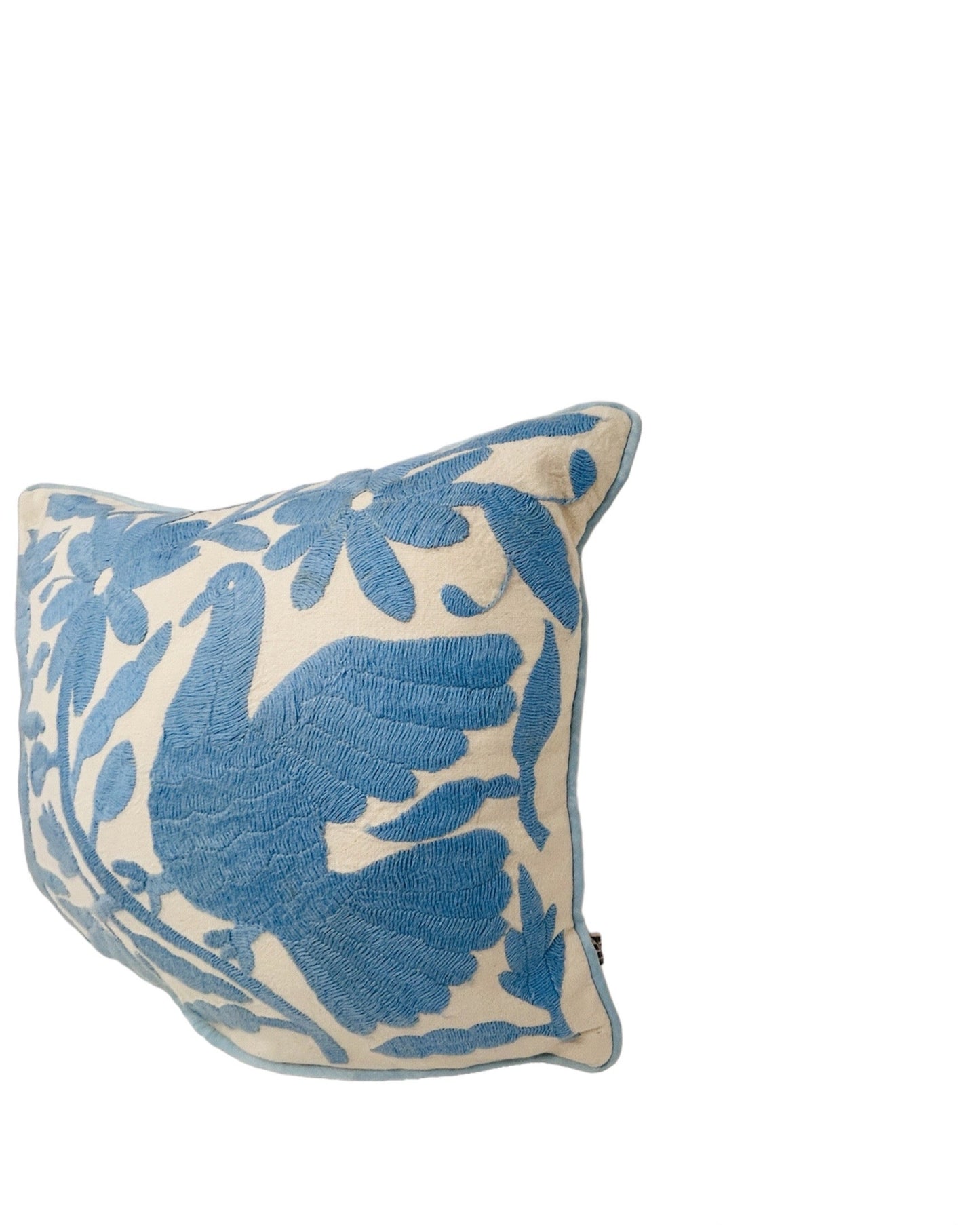 Hand-Embroidered Lumbar Pillow Cover – Light Blue & White (13x17")