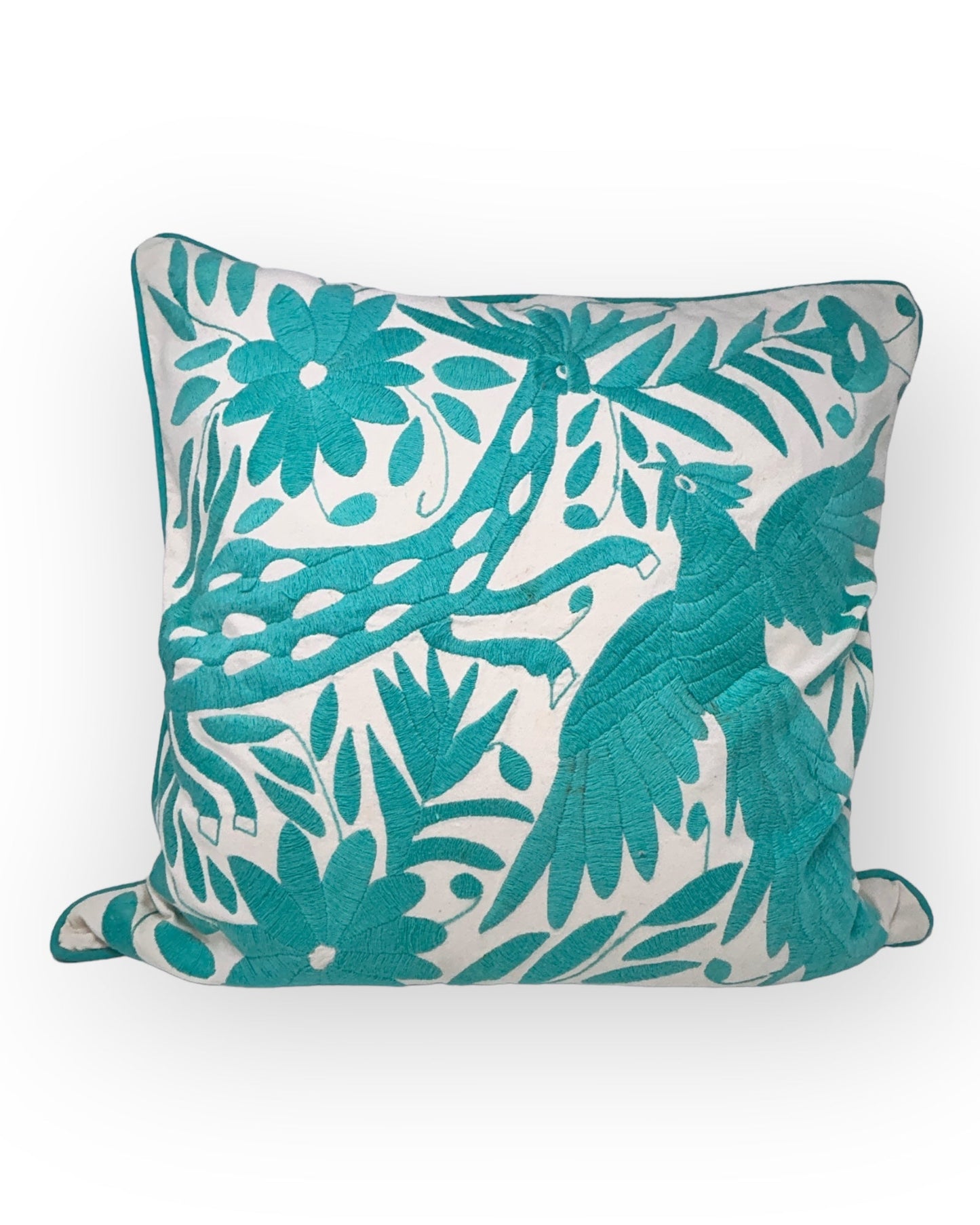 Hand-Embroidered Otomi Pillow Cover – Turquoise & White - Pipping - 23"x23"
