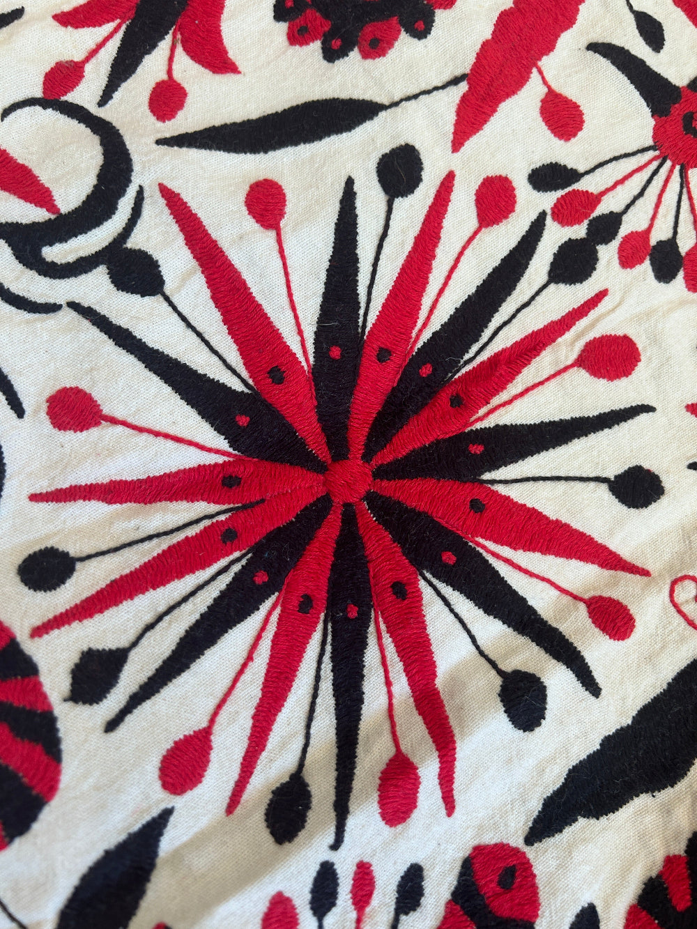 Hand-Embroidered Otomi Pouff– Black & Red, Unique Piece 24" R
