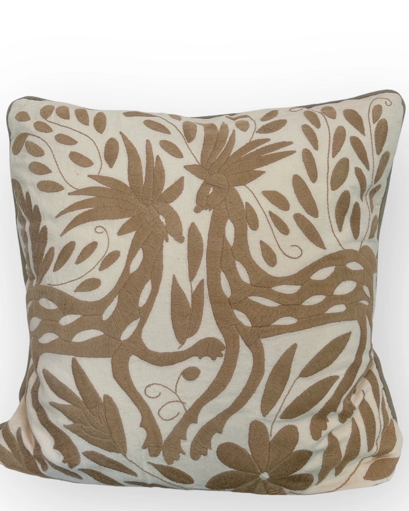 Hand-Embroidered Otomi Pillow Cover – Tan & White - Pipping - 23"x23"