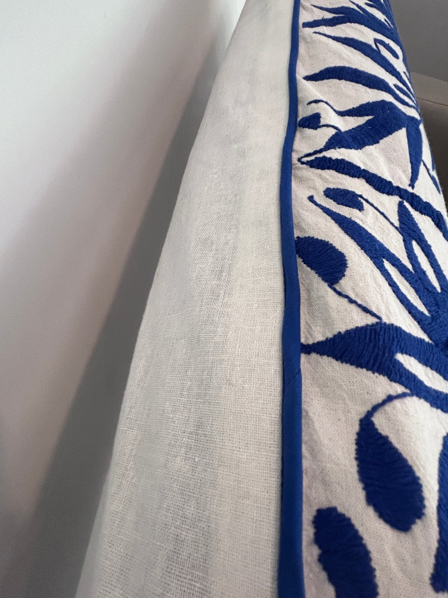 Hand-Embroidered XL Lumbar Pillow Cover – Royal Blue & White 13"x36"