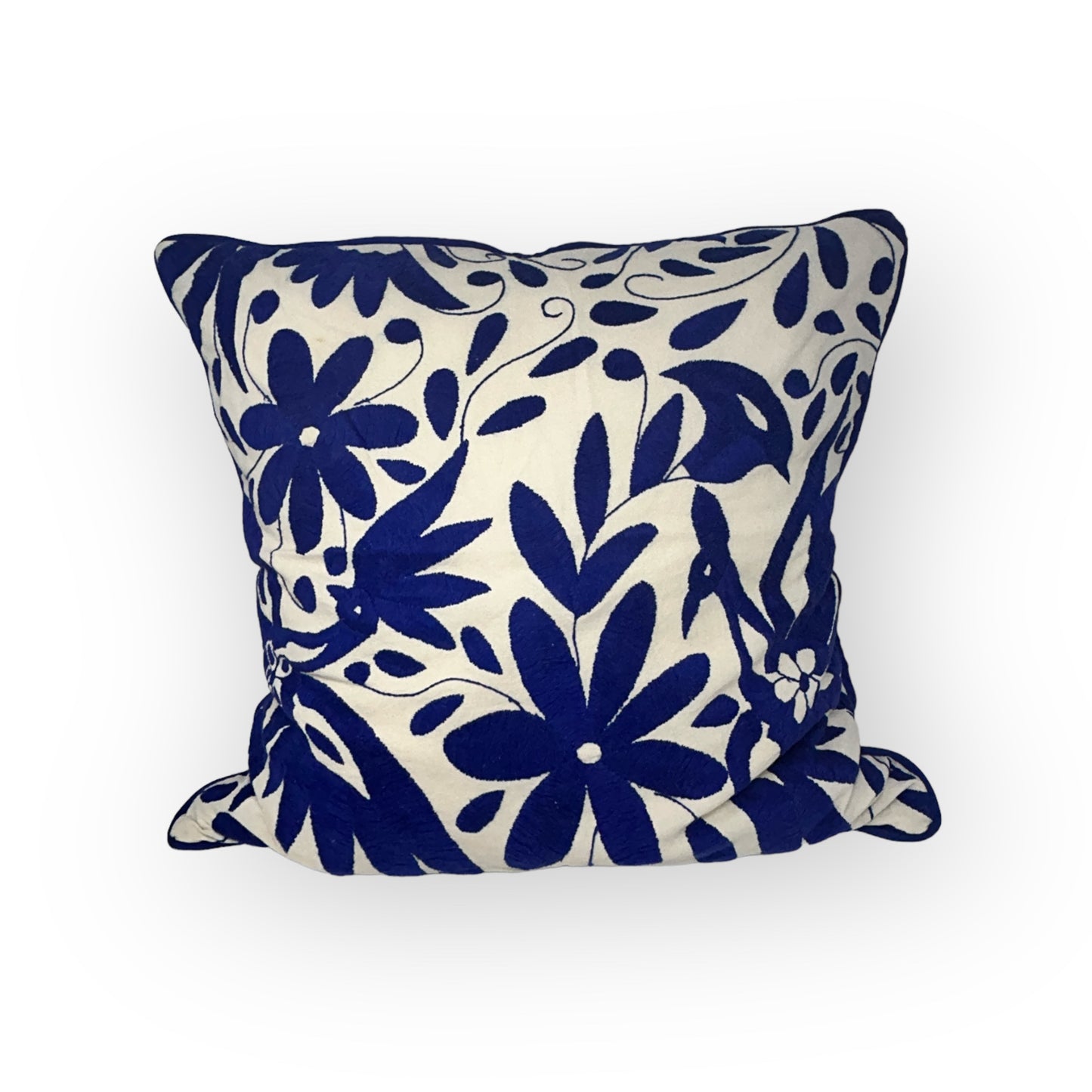 Hand-Embroidered Otomi Pillow Cover – Royal blue & White - Pipping - 22"x22"