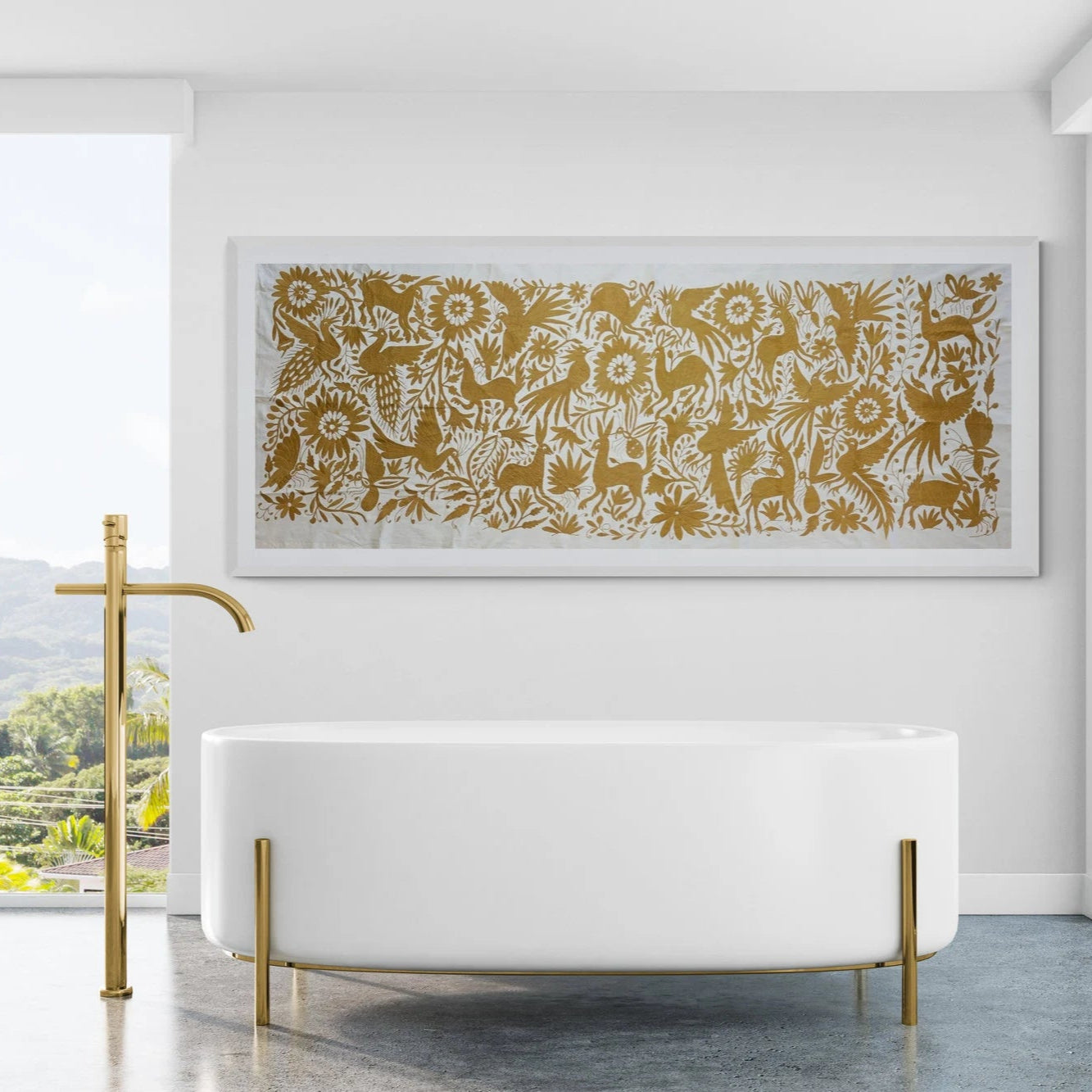 Boho Chic Hand-Embroidered Wall Art – Gold & Ivory Decor 33" x 85"