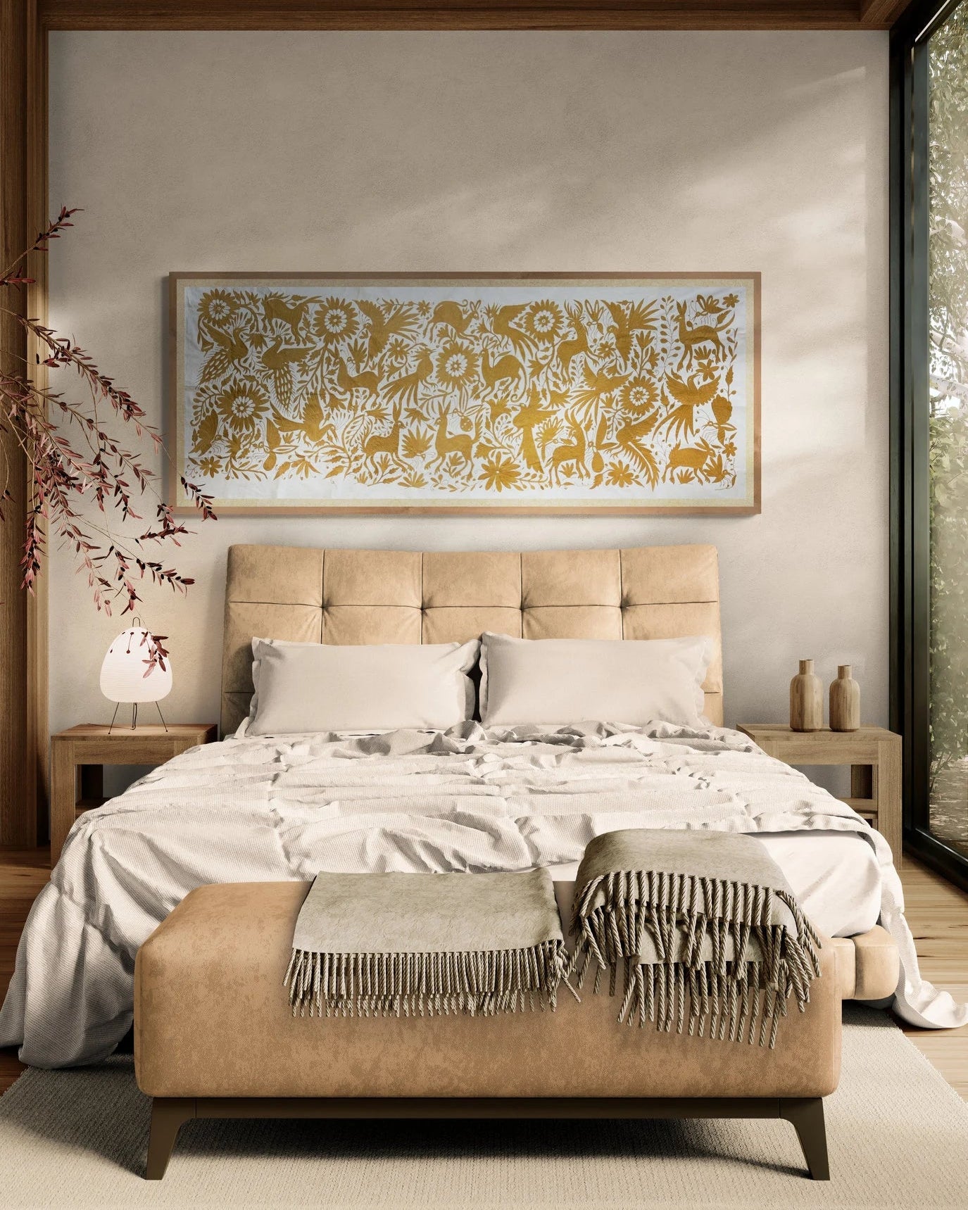 Boho Chic Hand-Embroidered Wall Art – Gold & Ivory Decor 33" x 85"