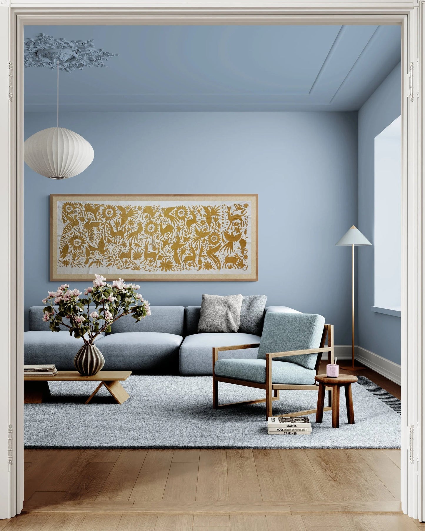 Boho Chic Hand-Embroidered Wall Art – Gold & Ivory Decor 33" x 85"