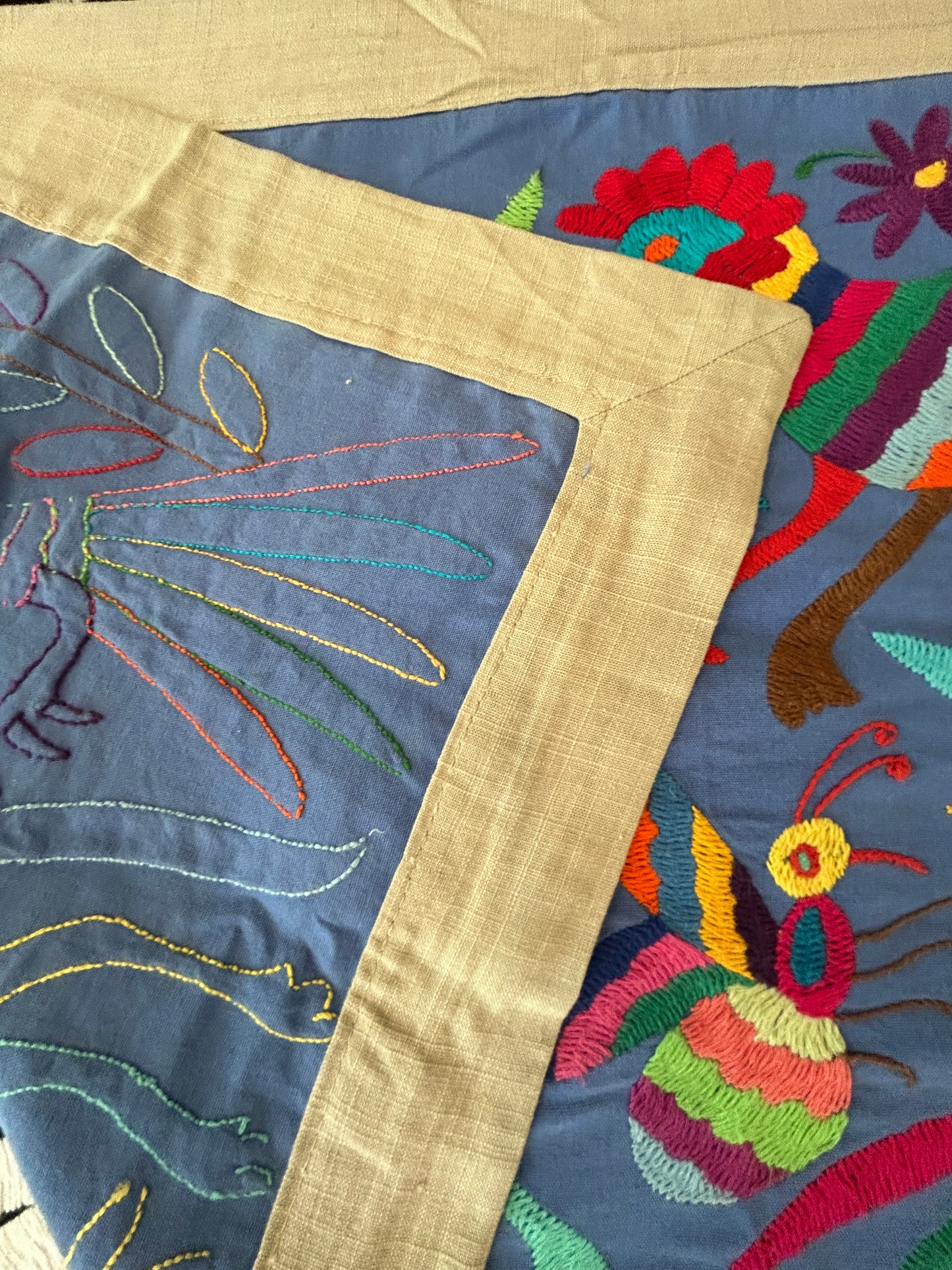 Hand-Embroidered Mexican Runner – Rainbow & blue Decor. 18"x74"